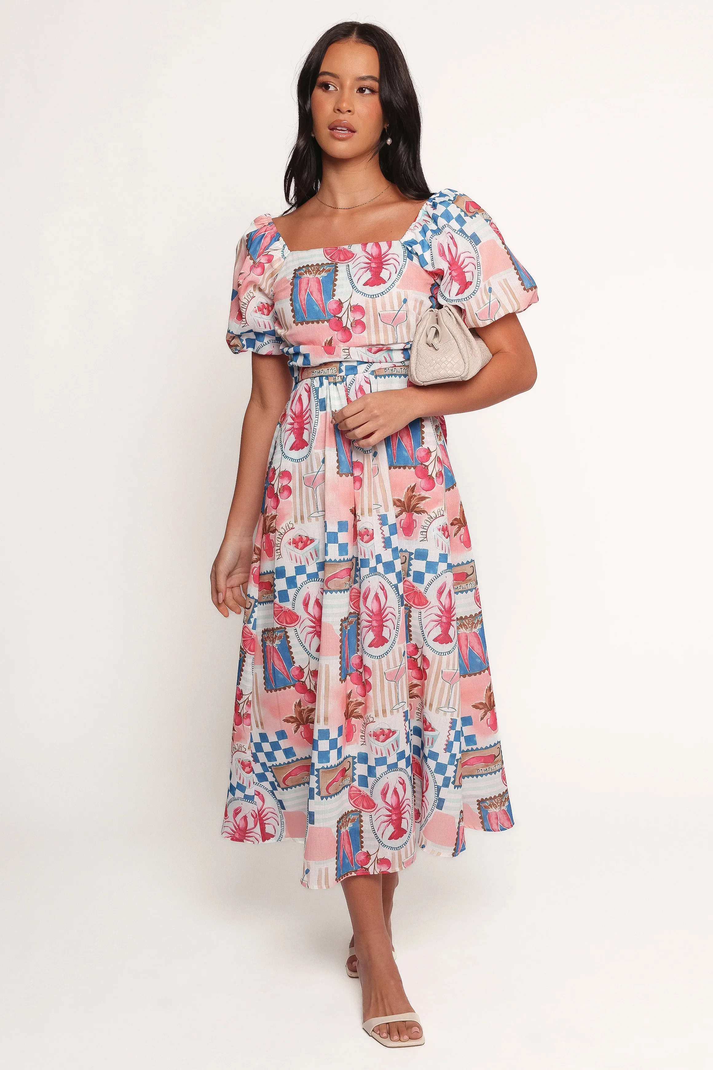 Clo Puff Sleeve Midi Dress - Pink Blue