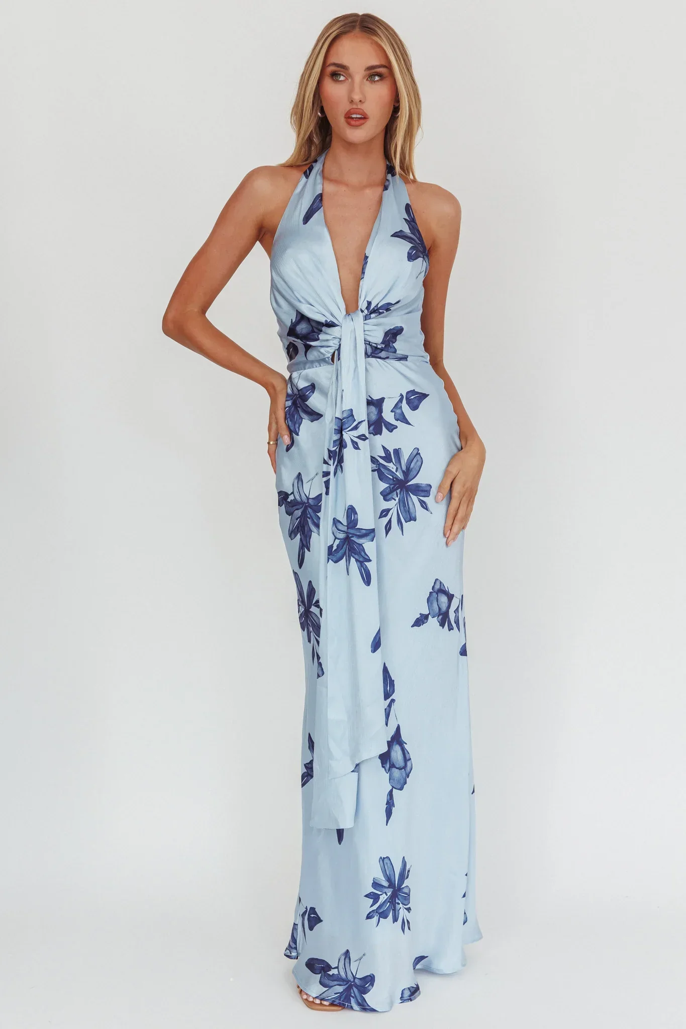 Make Believe Plunging Halterneck Maxi Dress Floral Navy