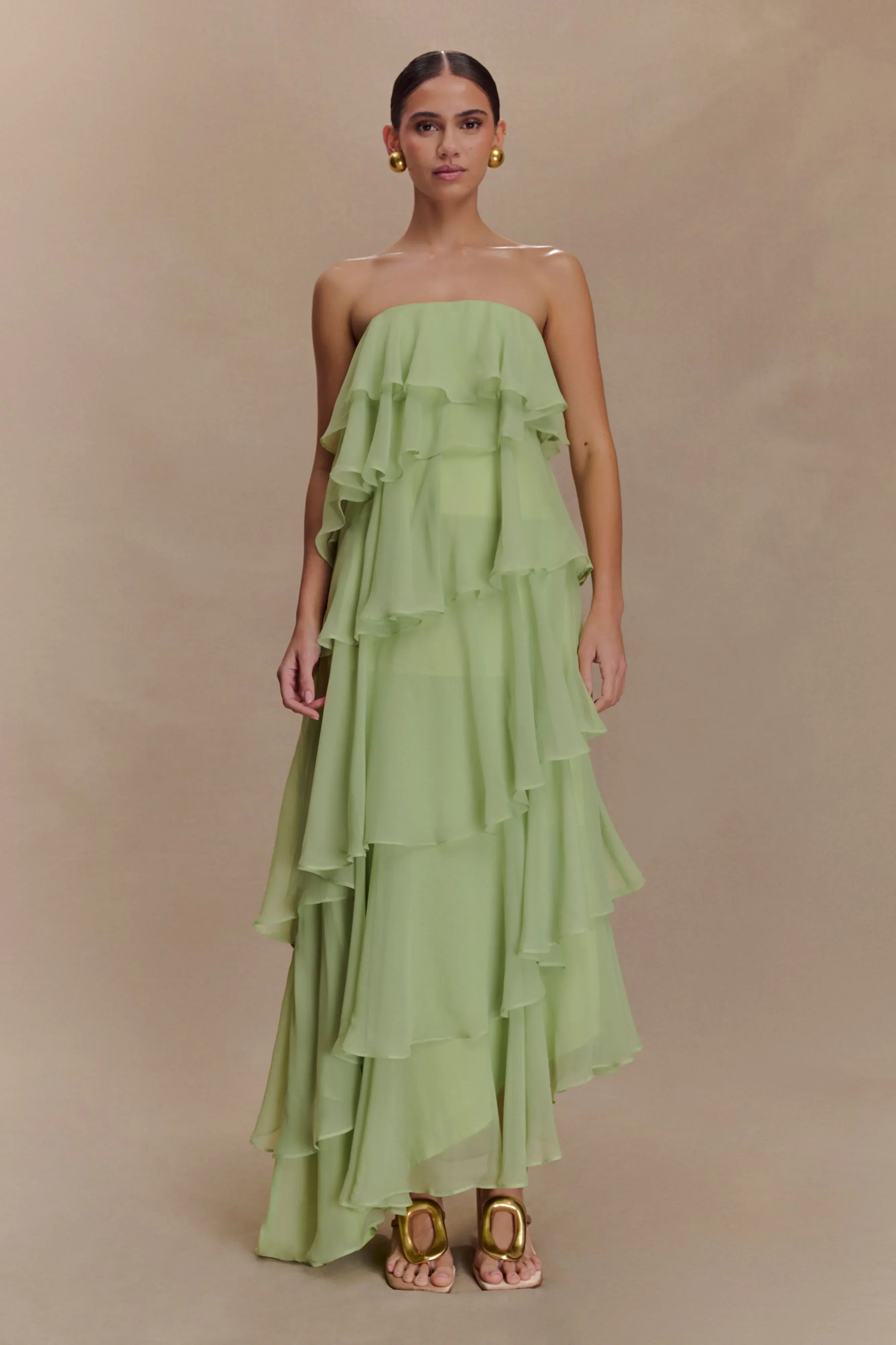 Alexa Ruffle Chiffon Maxi Dress - Pastel Lime