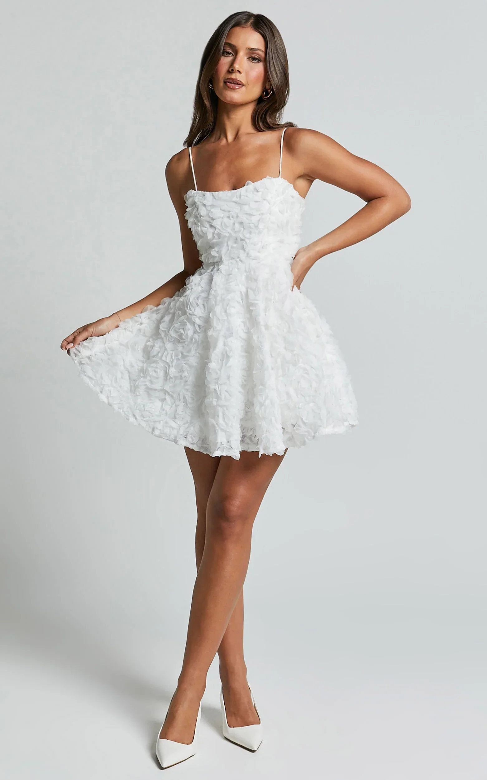 Alvia Mini Dress 3d Flower Full Skirt Dress in White