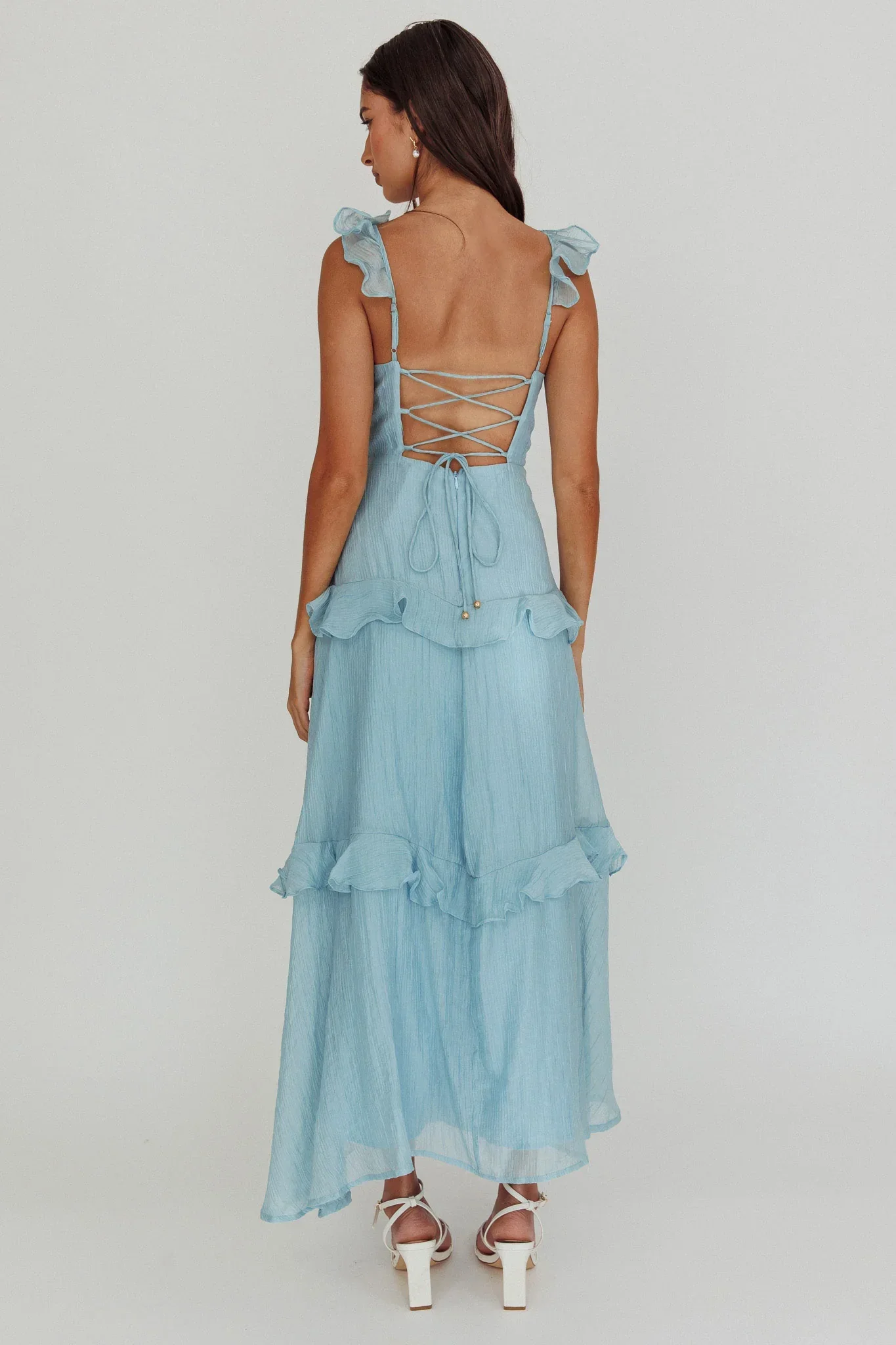 Moonlit Moment Ruffle Trim Lace-Up Back Maxi Dress Blue