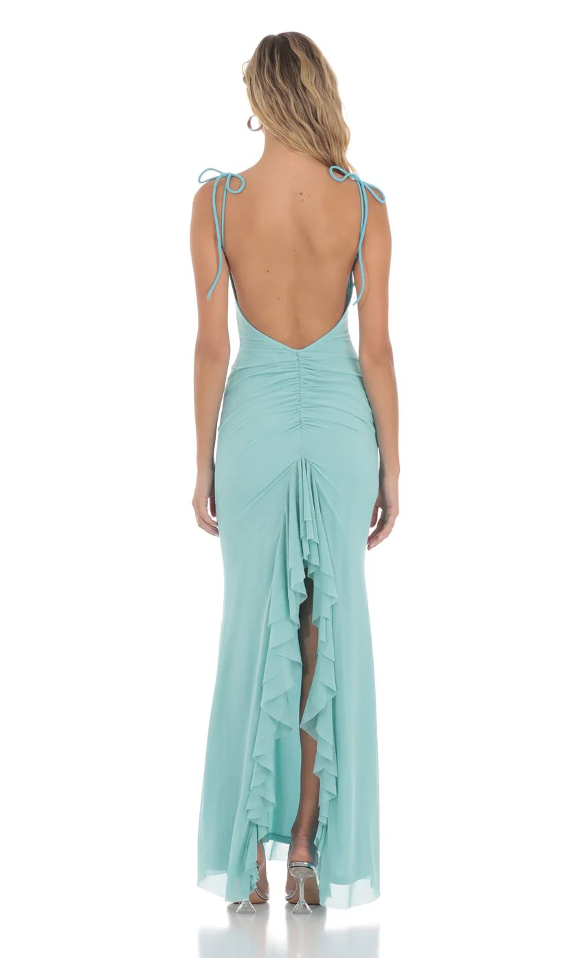 Mesh Open Back Maxi Dress in Aqua