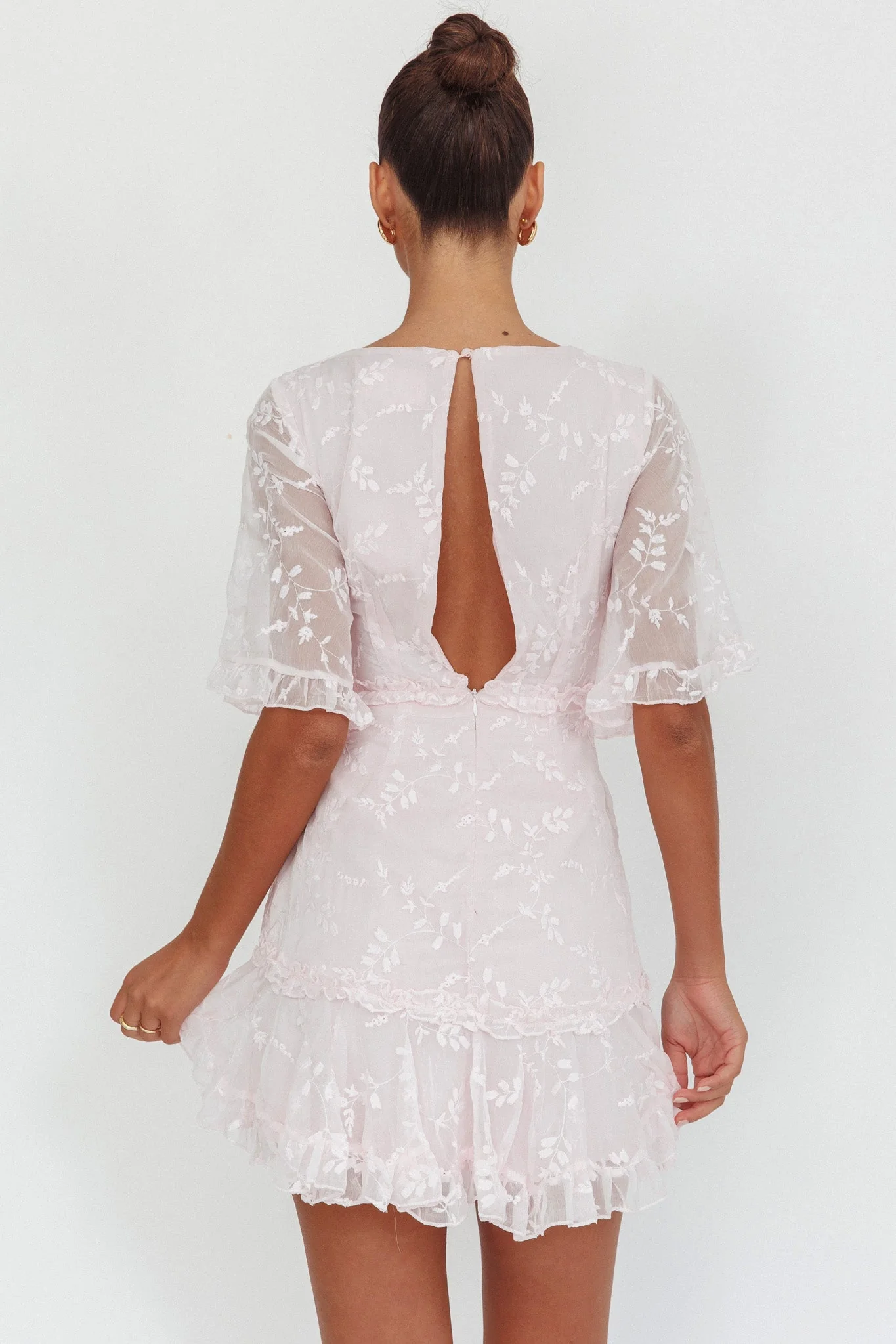Leona Half Sleeve Frill Trim Dress Embroidered Blush