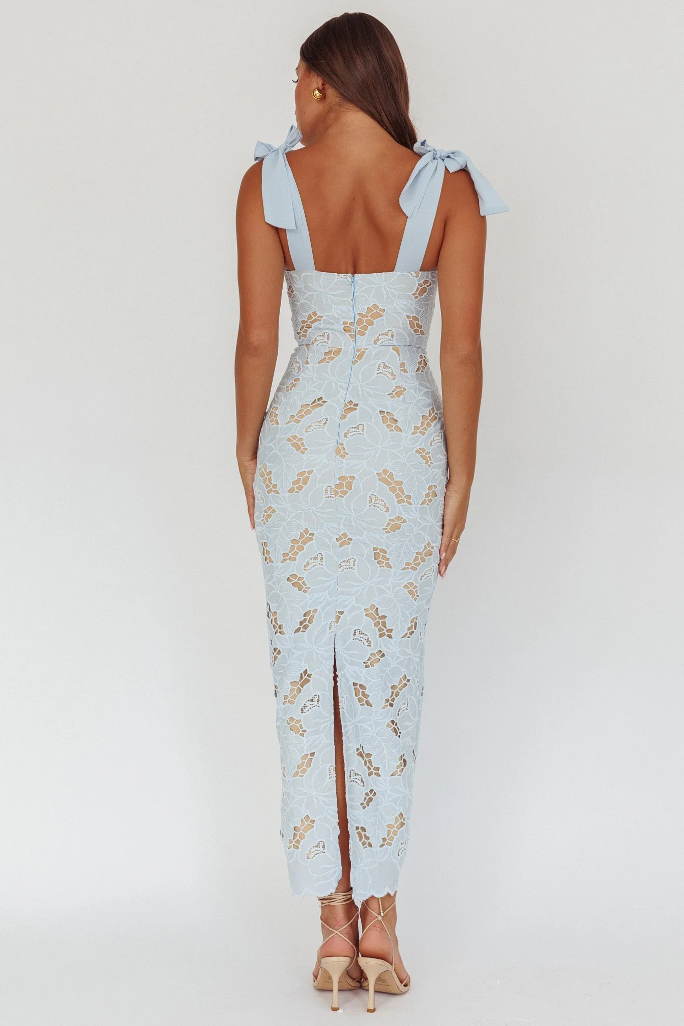 Coastal Bloom Tied Shoulder Maxi Dress Embroidered Baby Blue