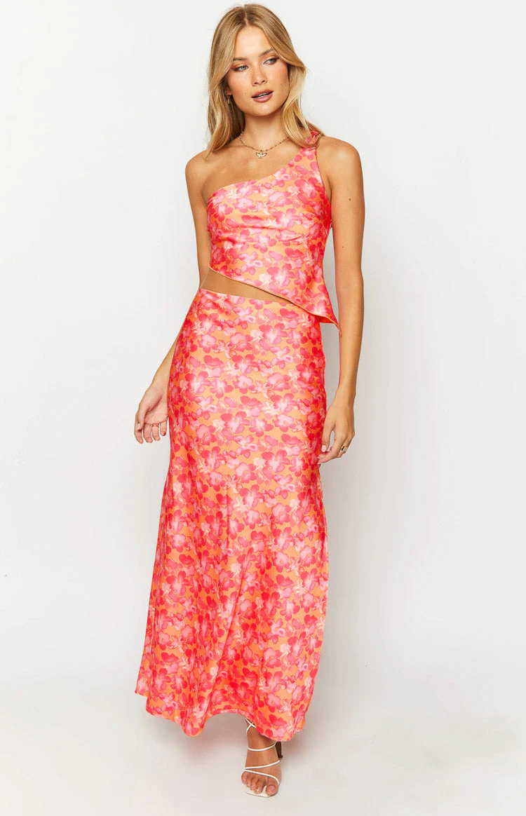Claudi Orange And Pink Satin One Shoulder Top
