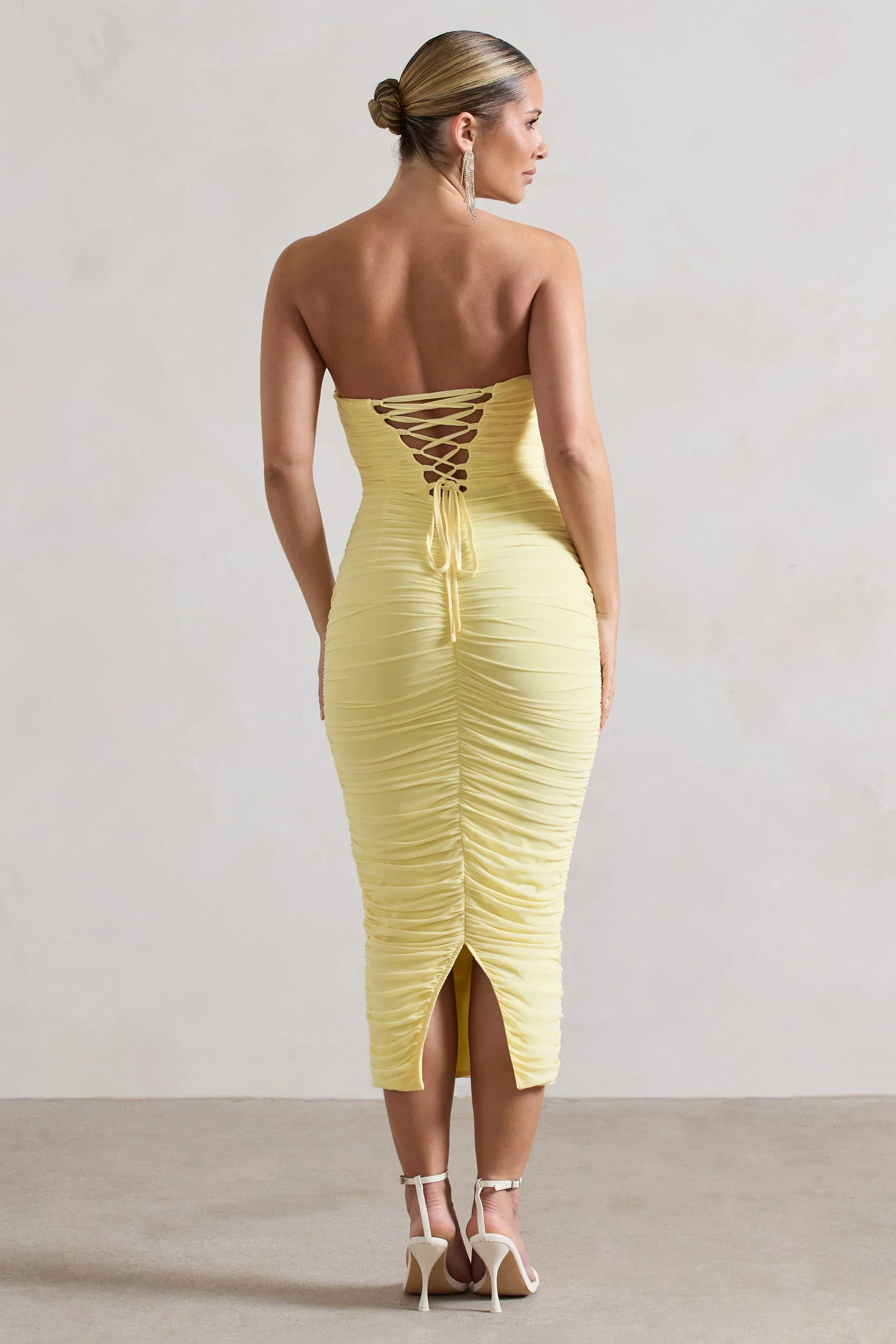 Nylah | Lemon Ruched Corset Bodycon Midi Dress