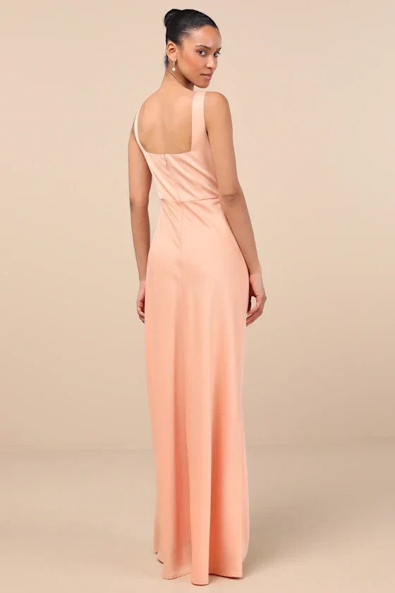 Red Carpet Romance Peach Satin Square Neck Maxi Dress