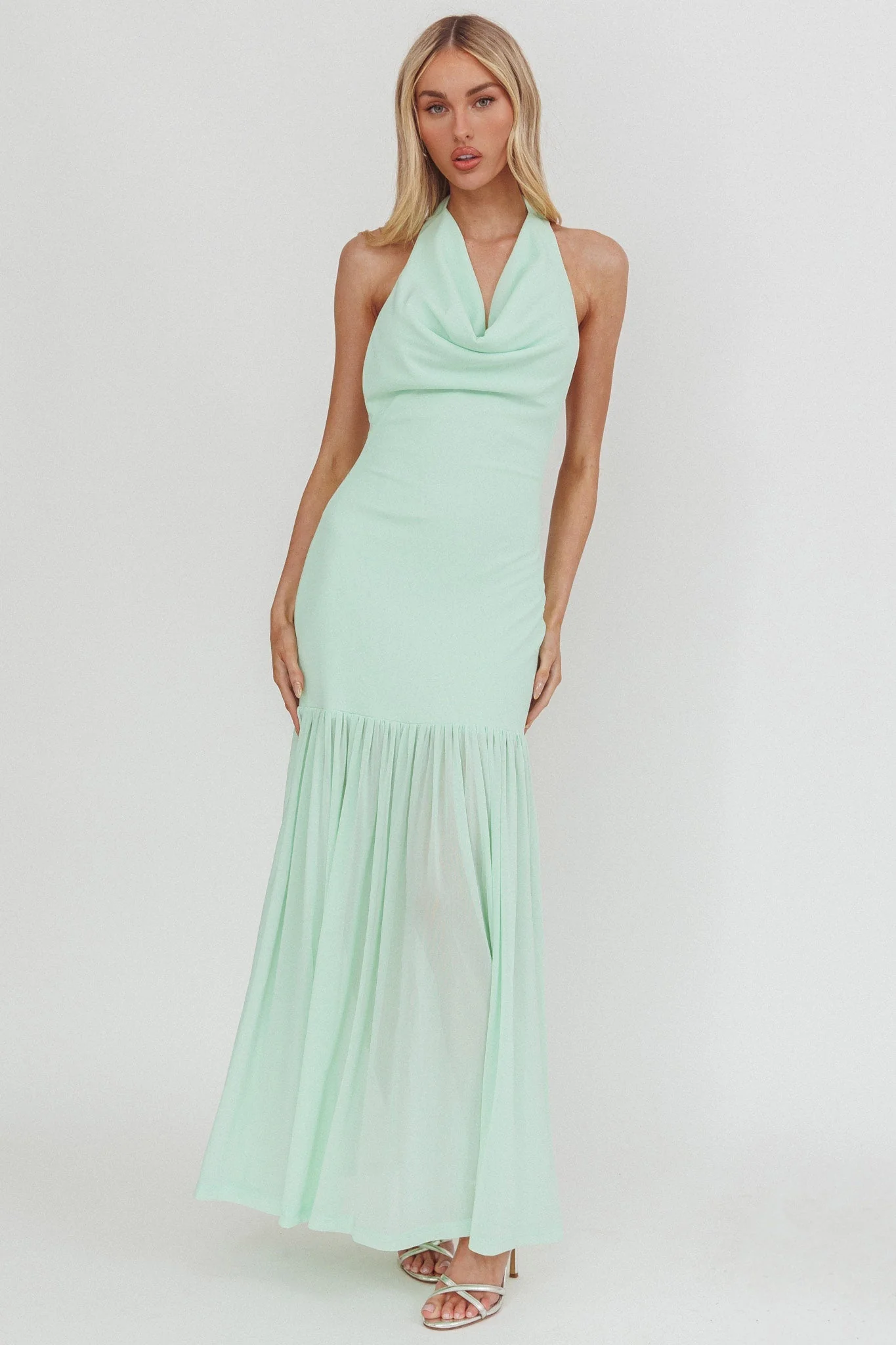 Kailyn Cowl Neck Sheer Hem Maxi Dress Mint