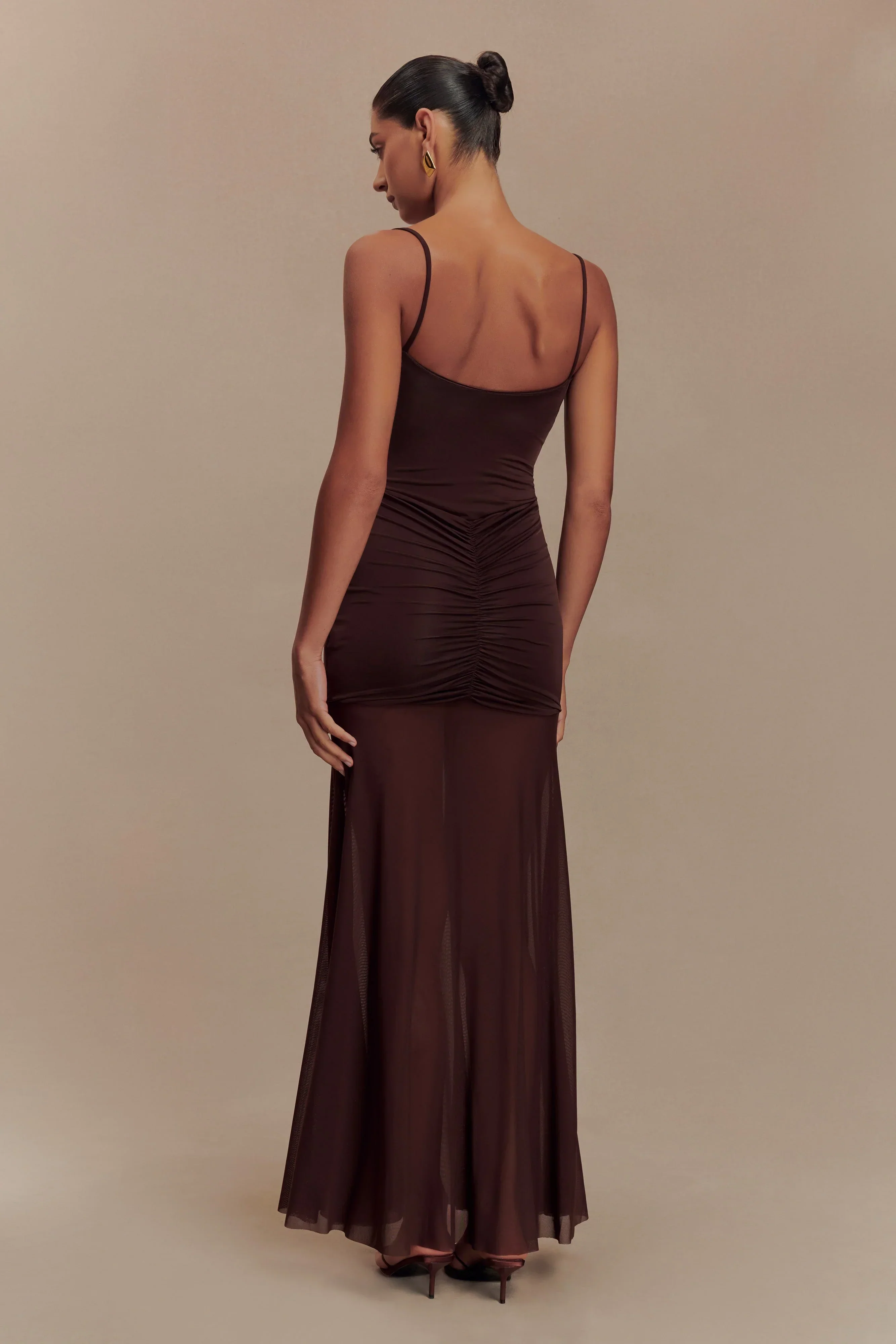 Delaney Slinky And Mesh Maxi Dress - Chocolate