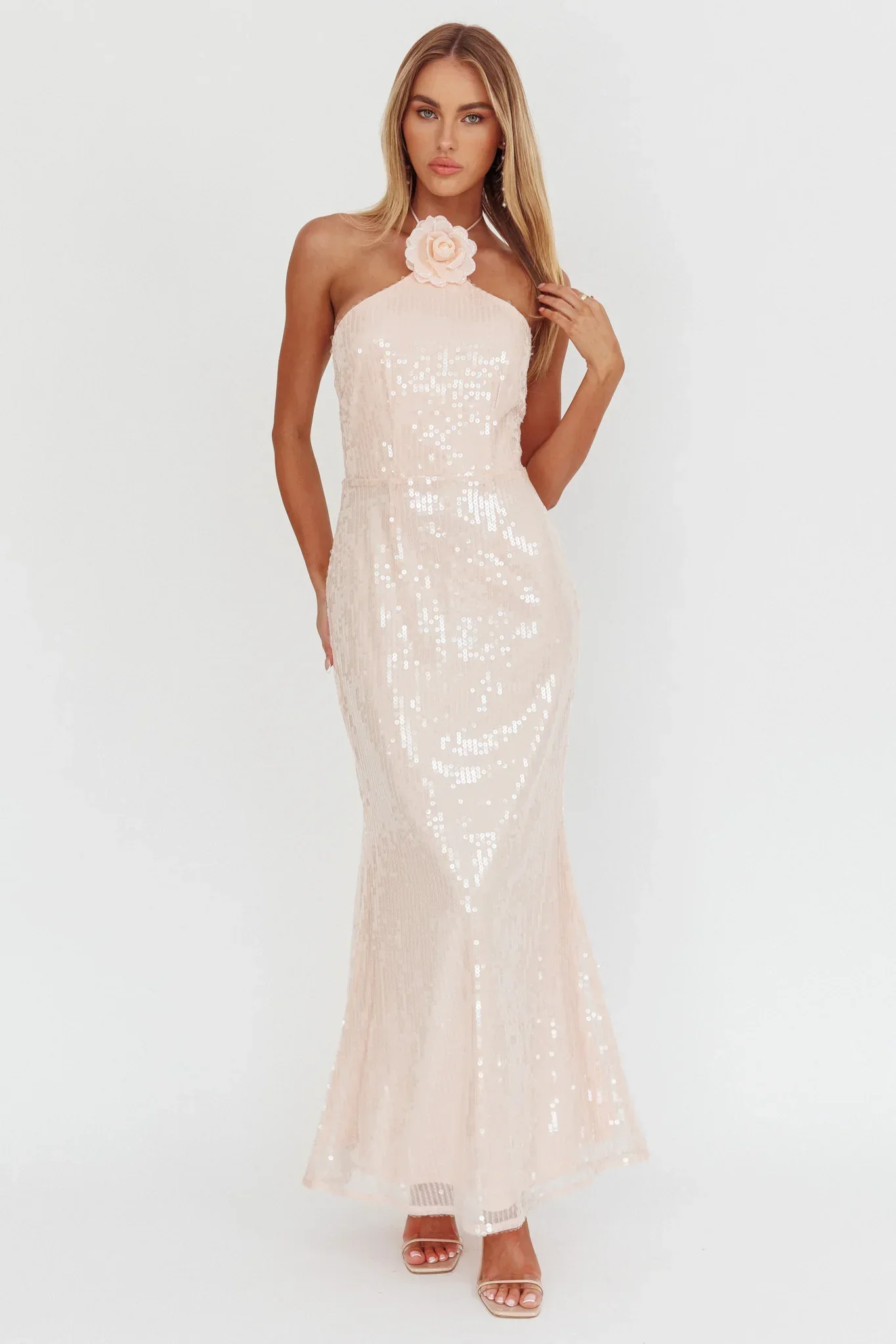 High Roller Flower Decoration Halter Dress Sequin Pink