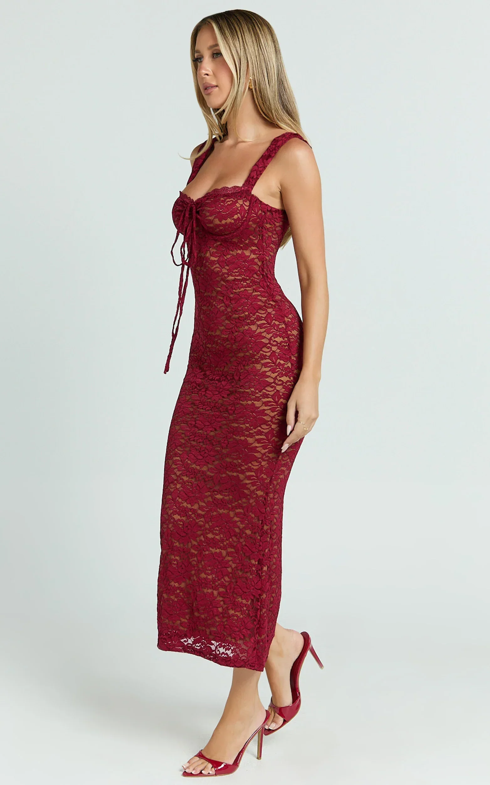 Collette Midi Dress Ruched Bust Wide Strap Detail Lace Midi Dress in Wine