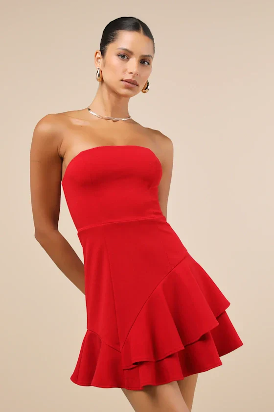 Sultry Intentions Red Strapless Ruffled Mini Dress