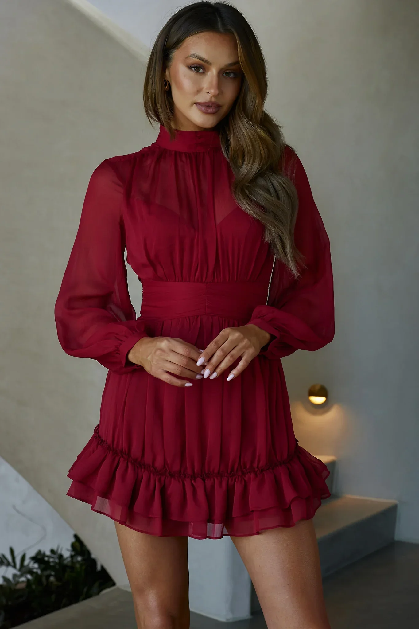 Mandalay High Neck Long Sleeve Waistband Dress Wine
