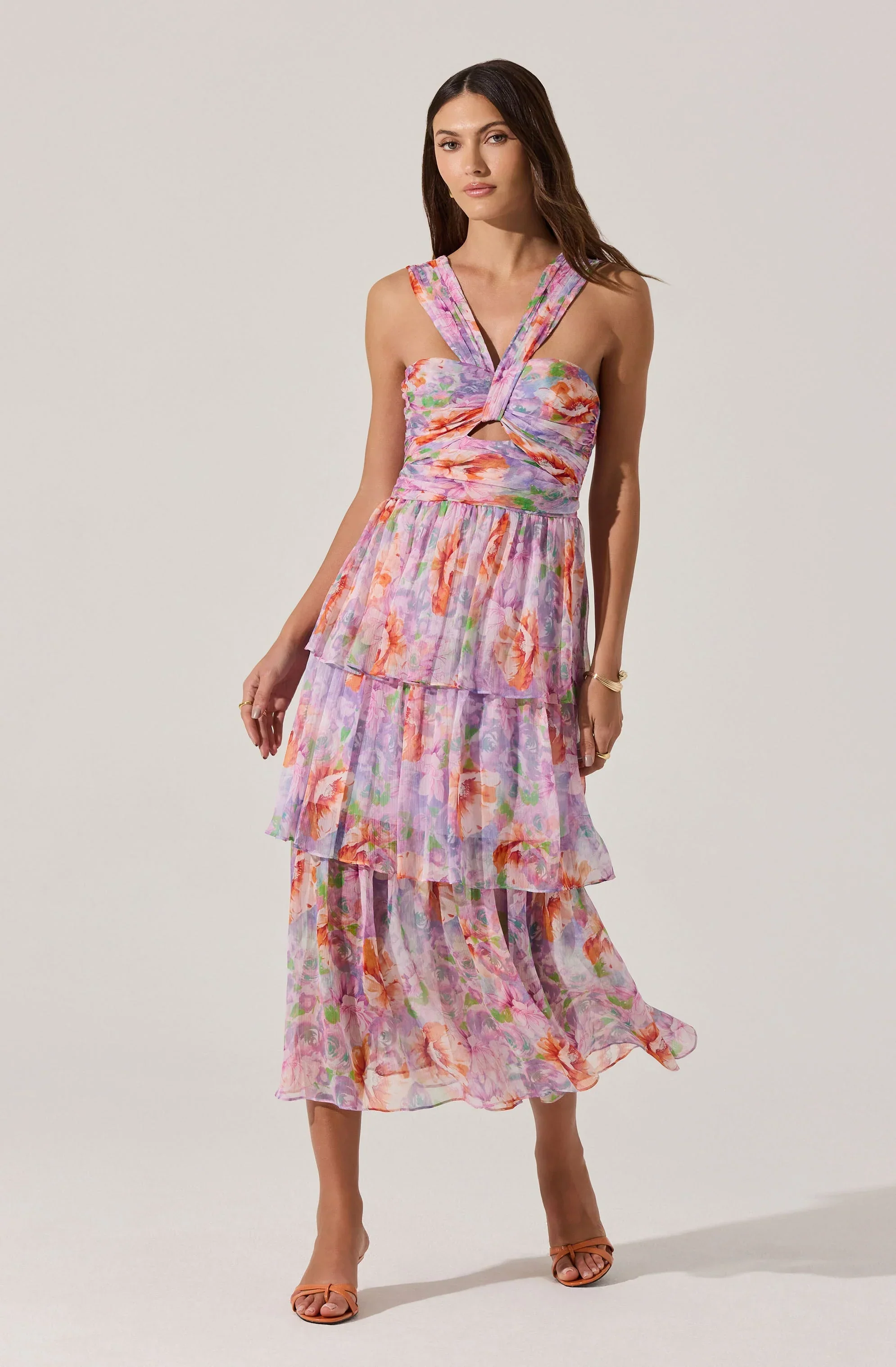 Tiered Floral Cutout Midi Dress