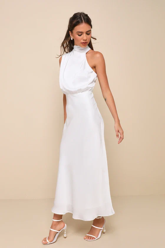 Distinctive Charm White Satin Asymmetrical Midi Dress