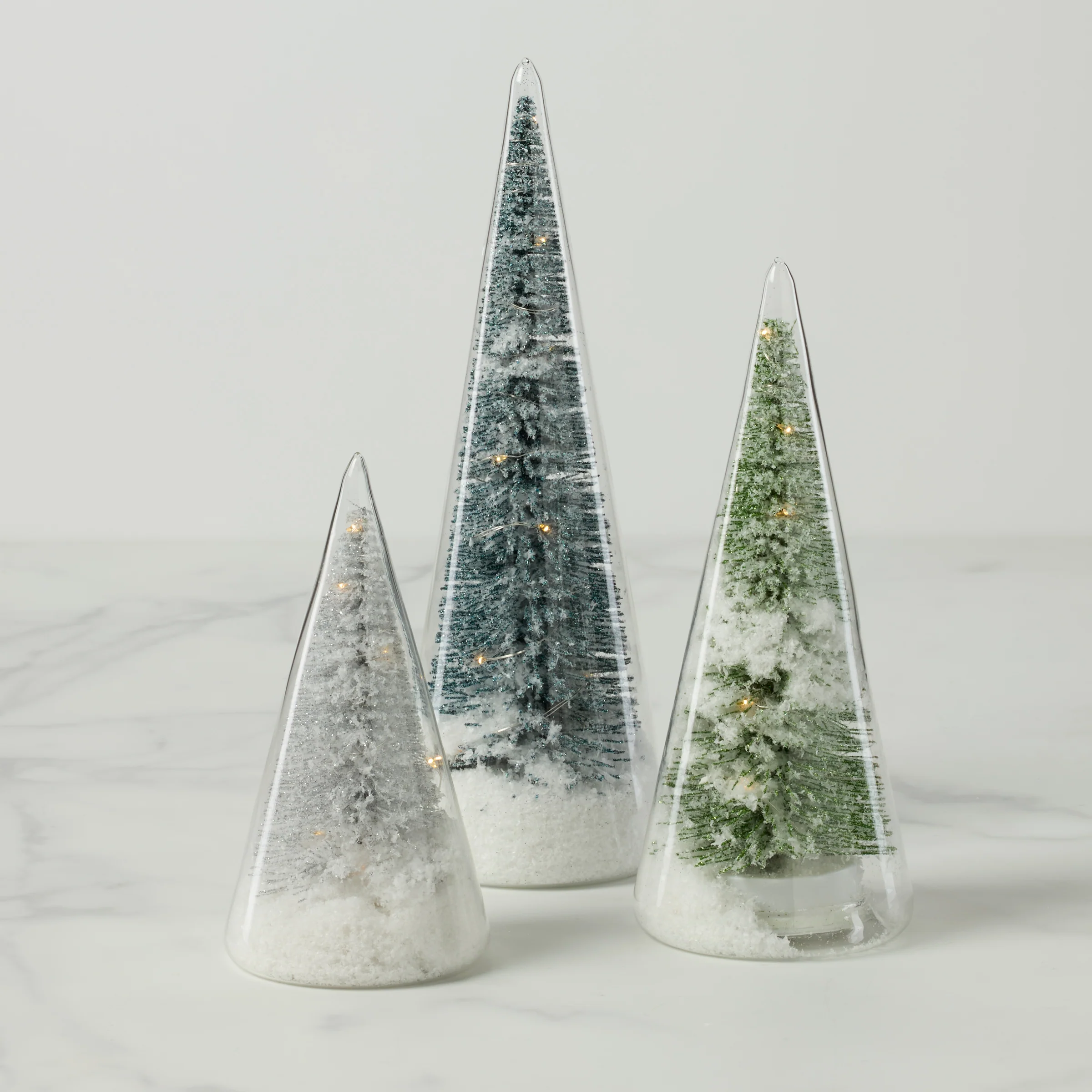 LED Lit Holiday Brush Trees in Glass 3-Piece Set