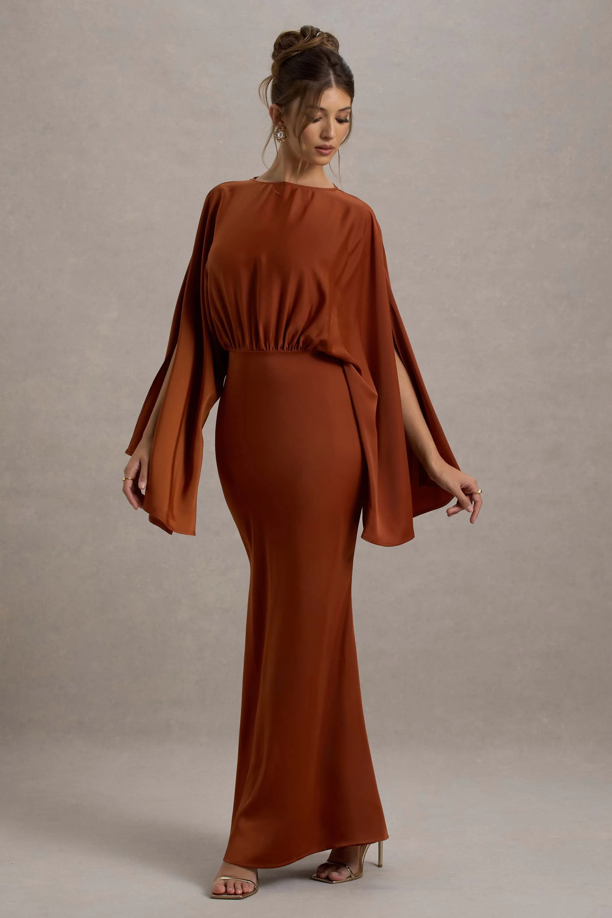 Zuzanna | Rust Draped Maxi Dress With Cape Sleeves