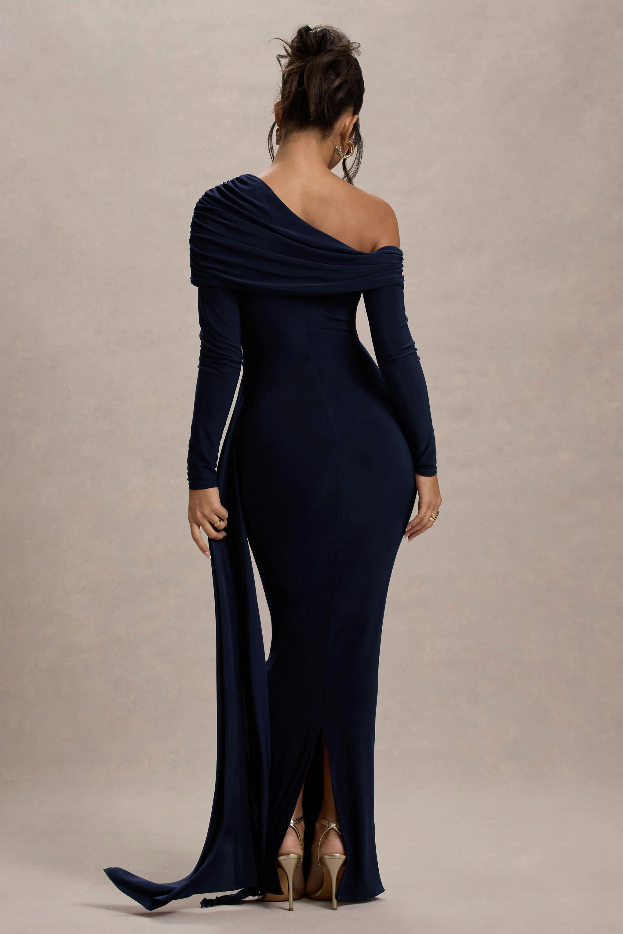 Valina | Navy Ruched Asymmetric Maxi Dress With Drape
