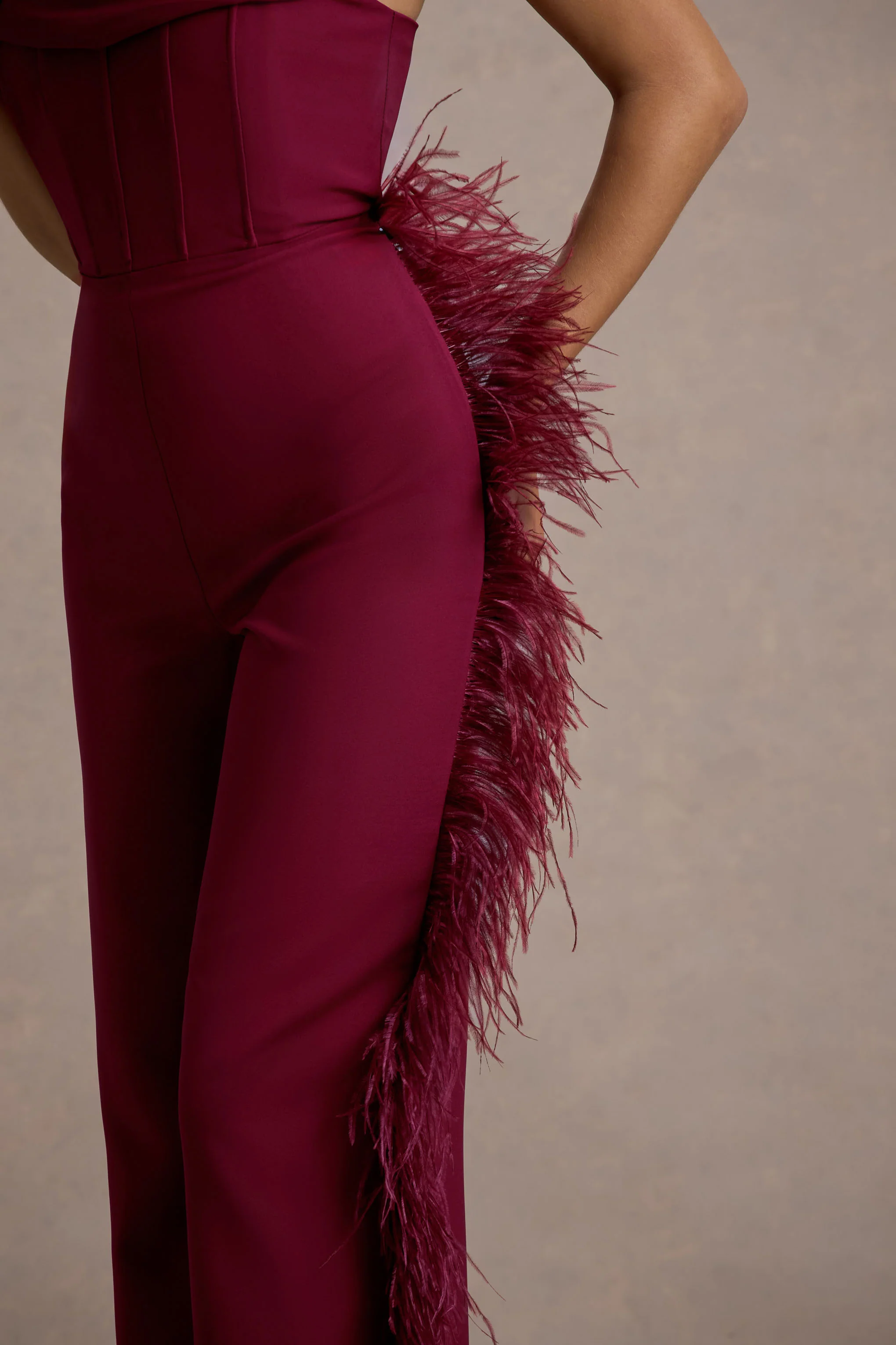 Topic Of Talk | Burgundy Strapless Bandeau Wide-Leg Jumpsuit With Feather Trim