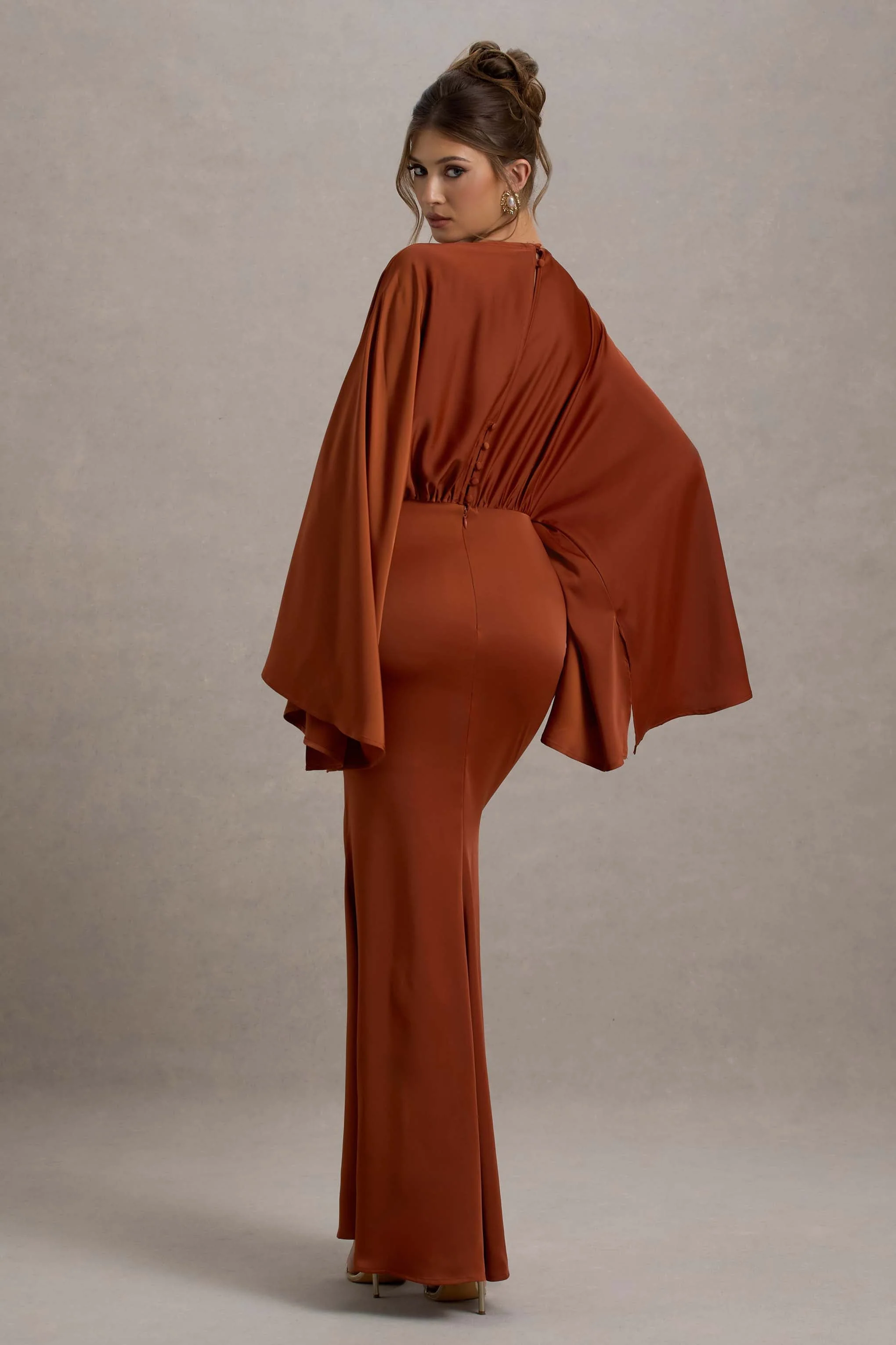 Zuzanna | Rust Draped Maxi Dress With Cape Sleeves