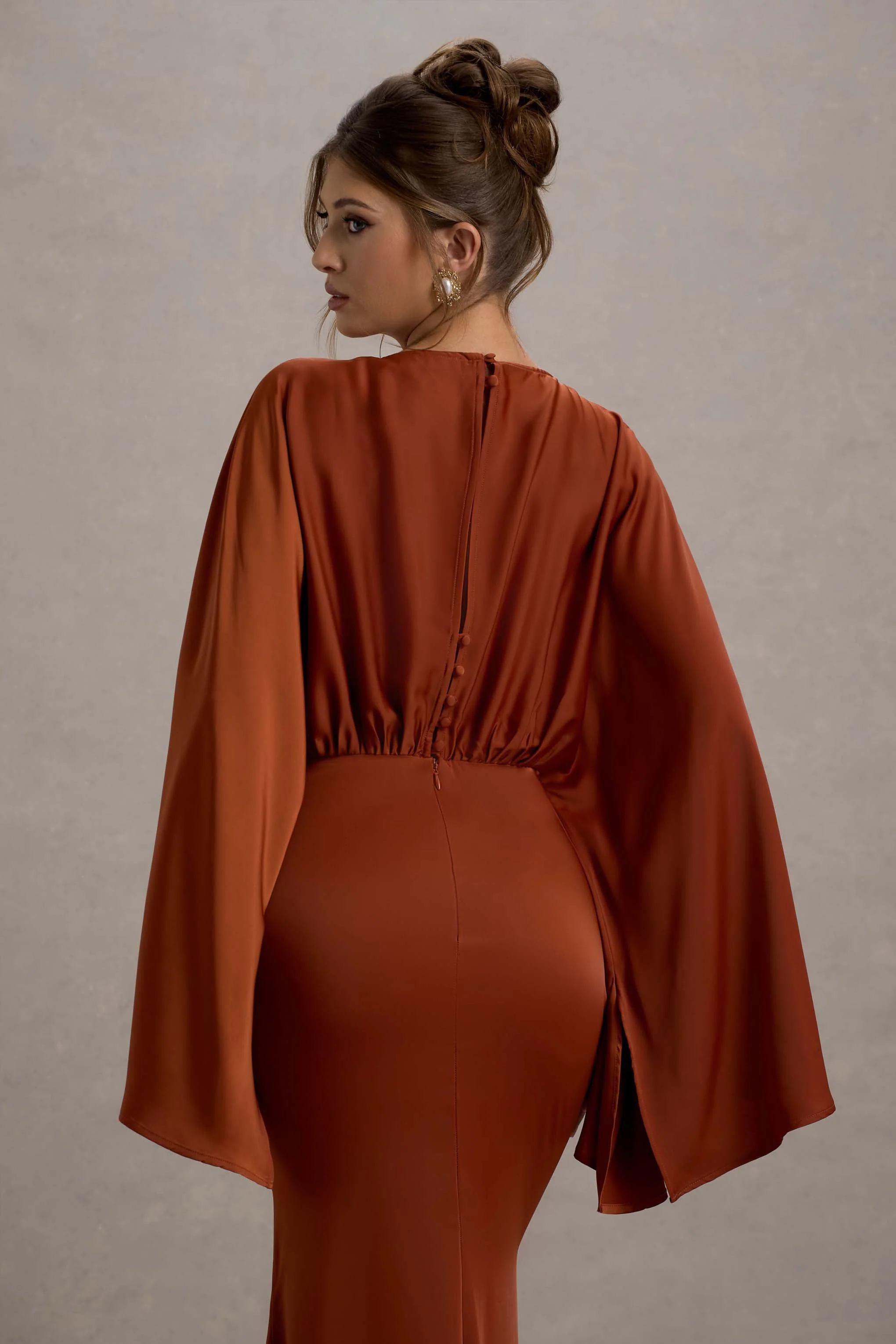 Zuzanna | Rust Draped Maxi Dress With Cape Sleeves