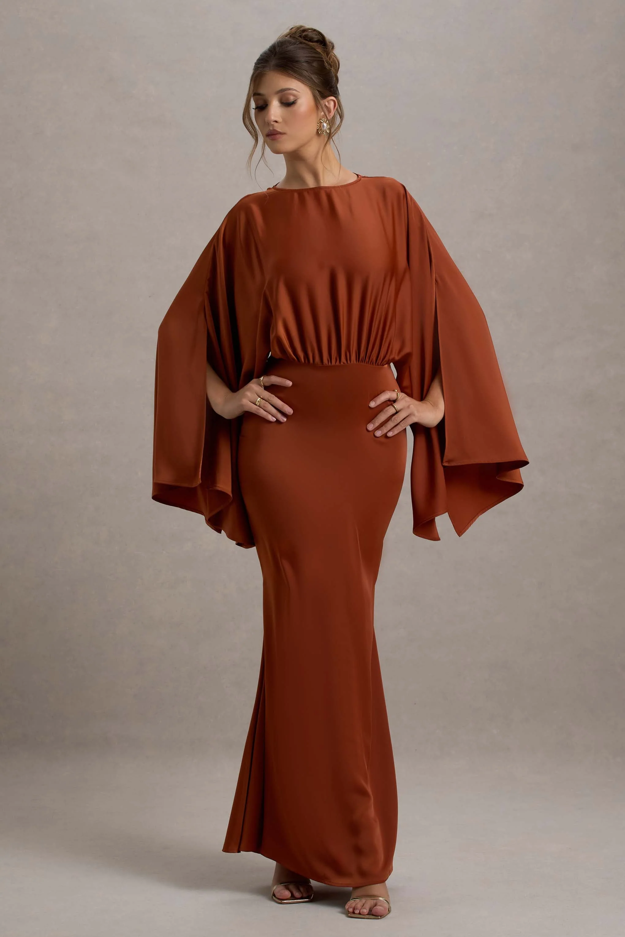 Zuzanna | Rust Draped Maxi Dress With Cape Sleeves