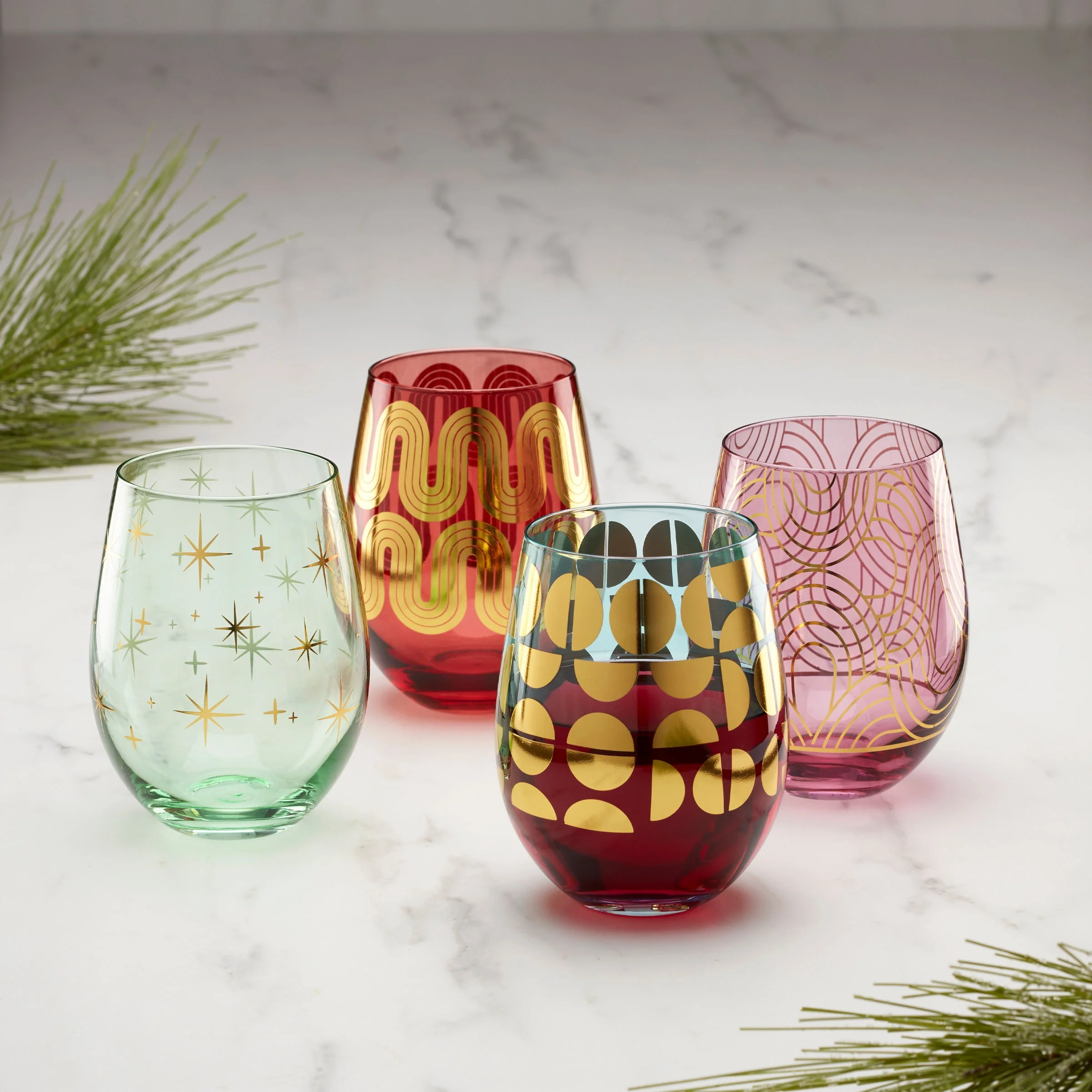 Retro Stemless Wine Glasses, Set of 4