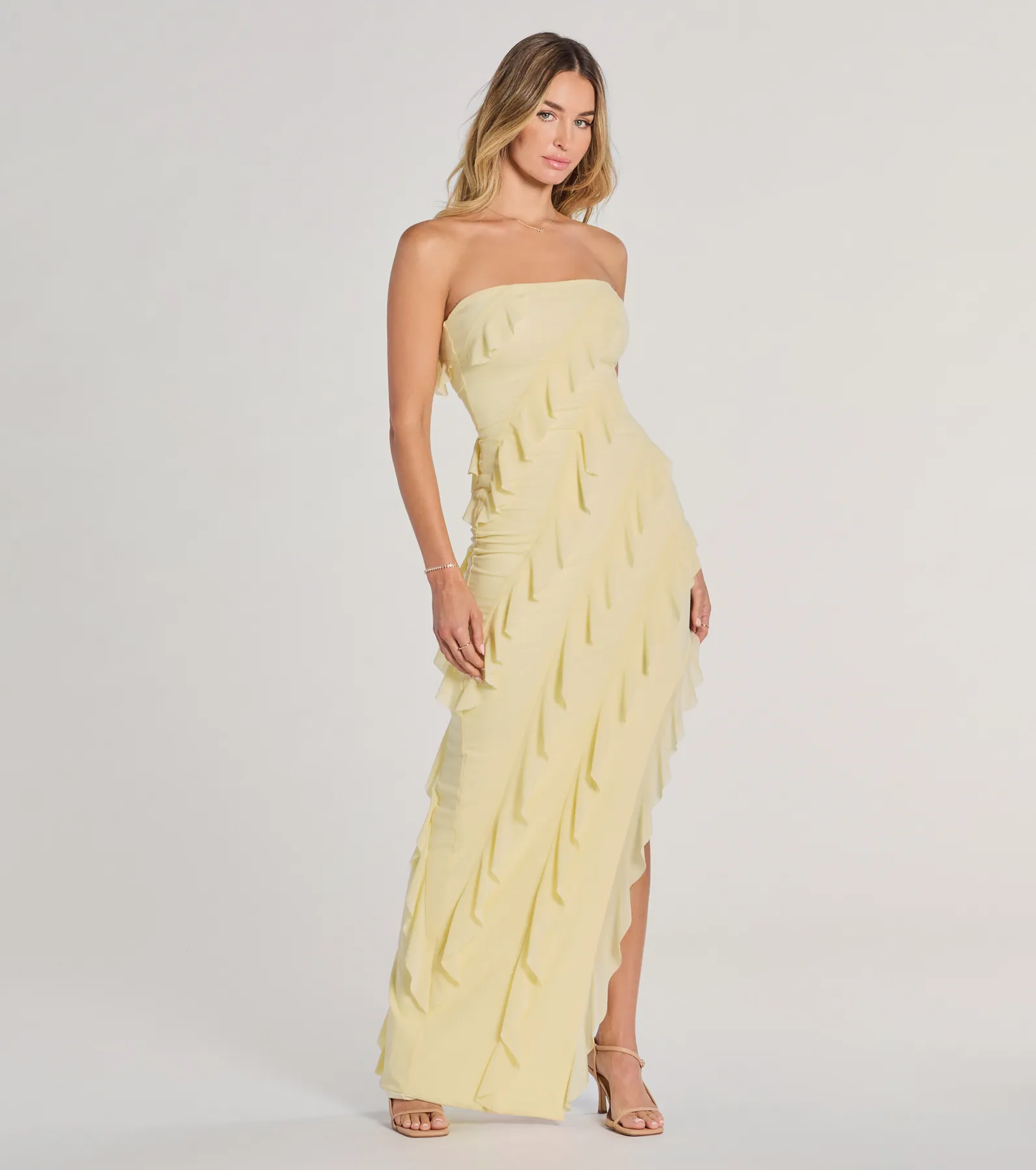 Gabby Formal Mesh Strapless Ruffle Long Dress