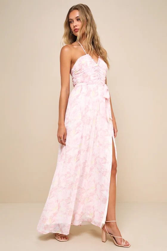 Effortlessly Abloom Light Pink Floral Ruched Halter Maxi Dress