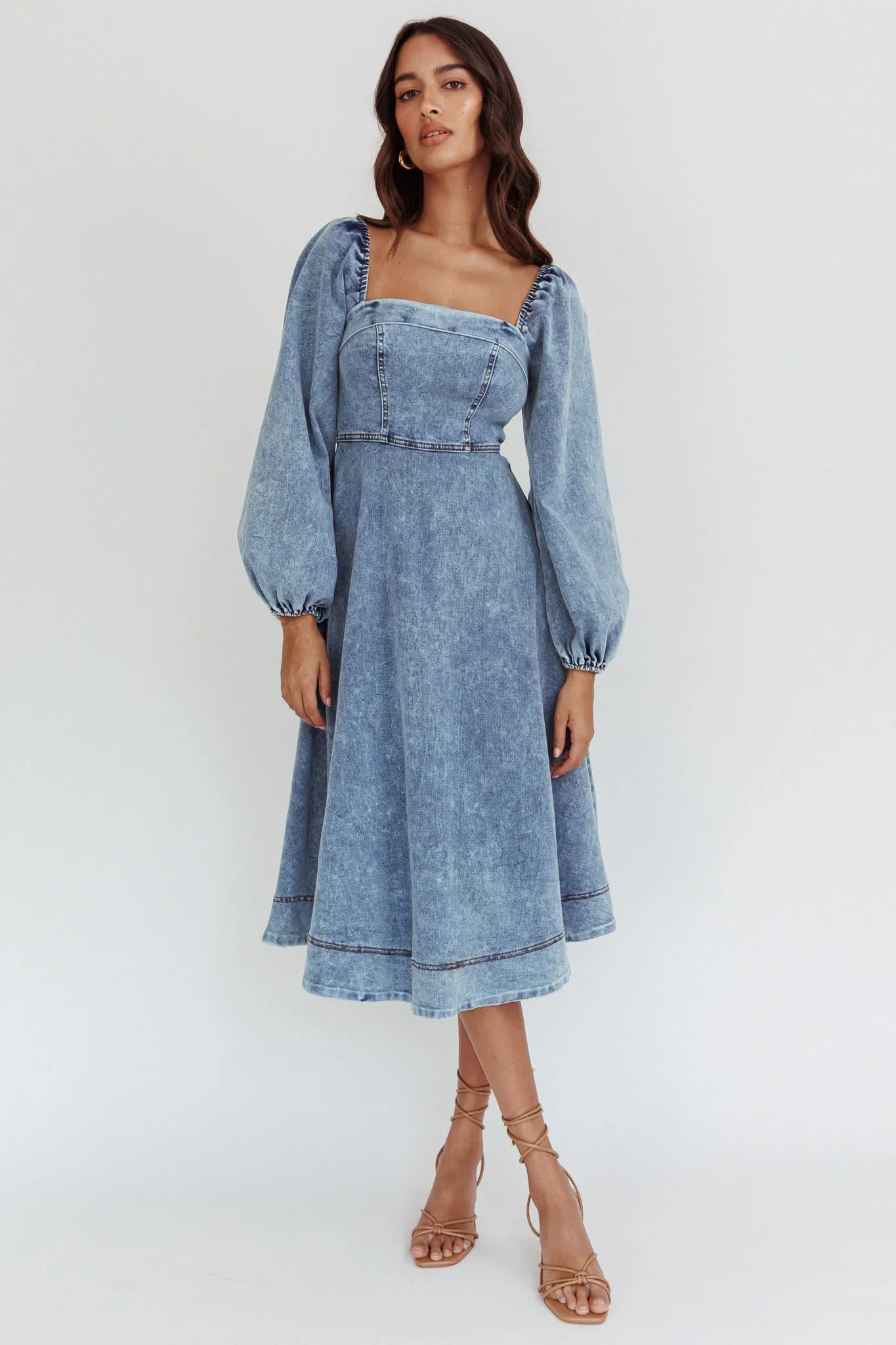 Jeanie Long Sleeve Midi Dress Denim Blue
