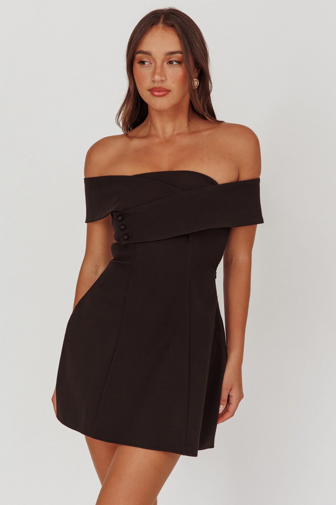Midnight Moment Off-Shoulder Crossover Mini Dress Black