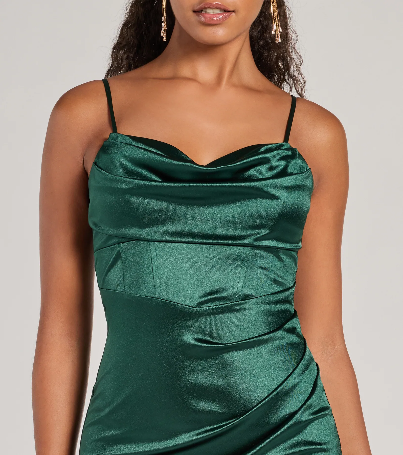 Iliana Cowl Neck High Slit Satin Column Dress