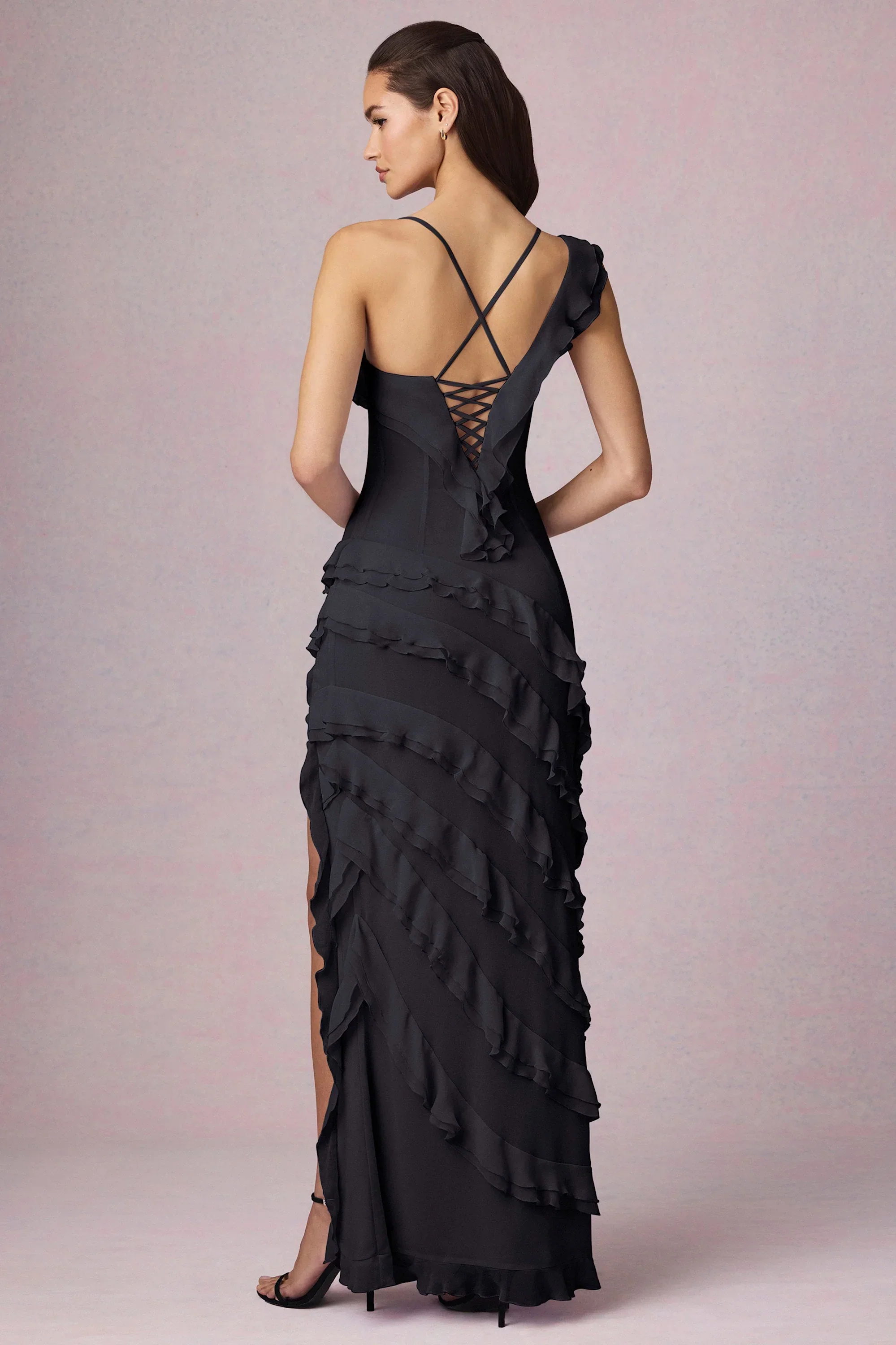 Asymmetric Ruffled Lace-Up Gown in Black