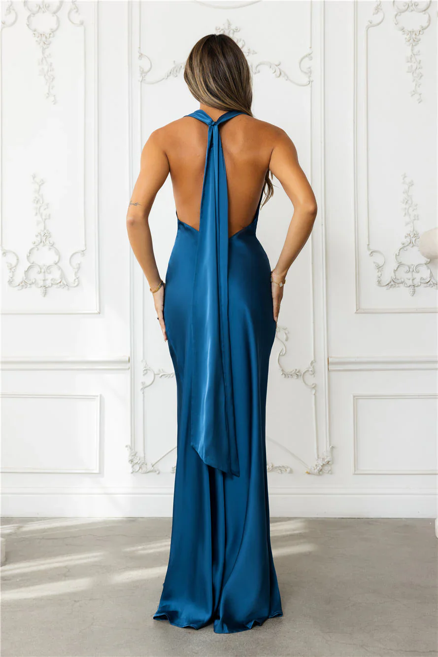 Nightfall Noir Halter Satin Maxi Dress