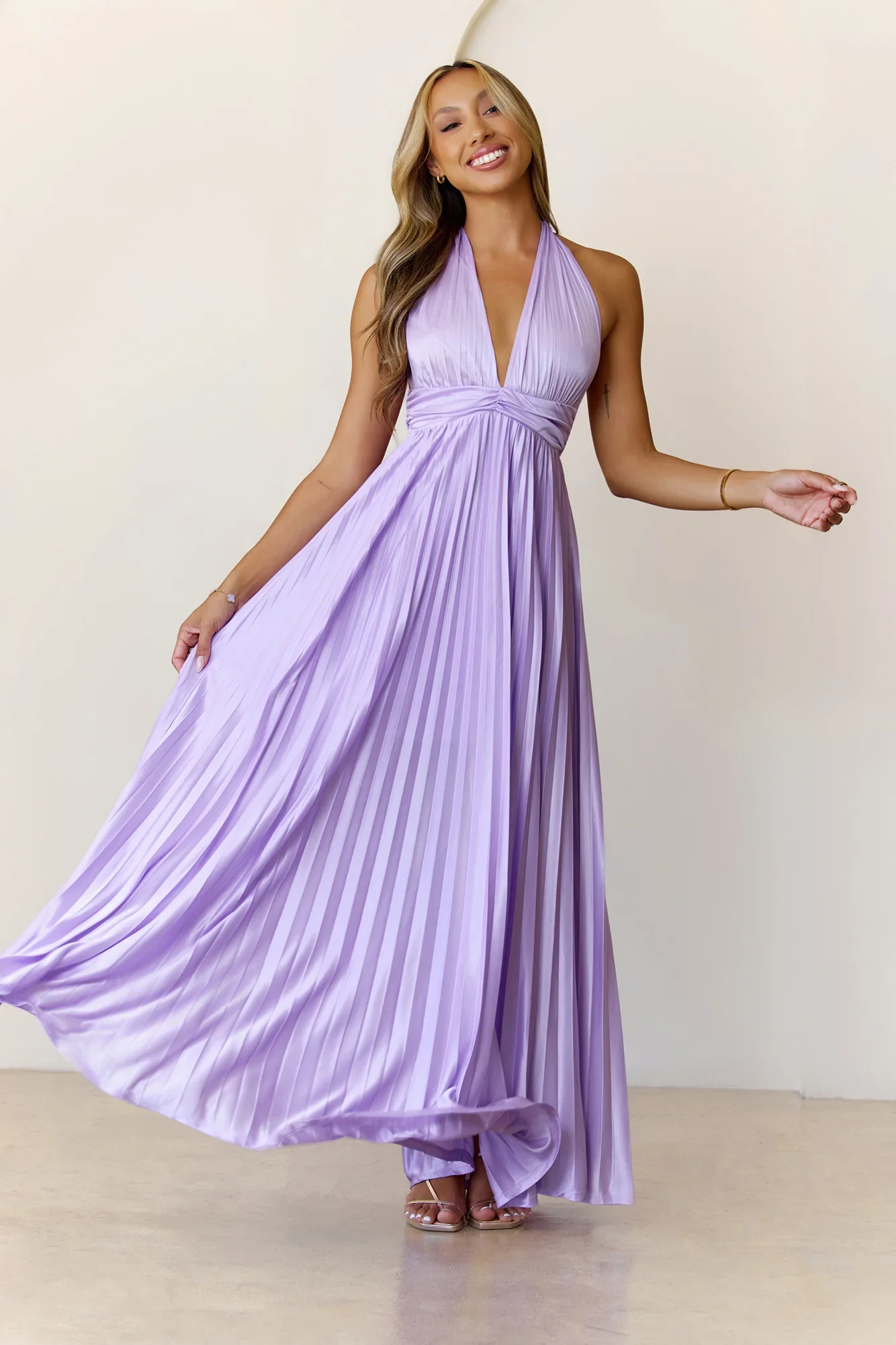 Shimmering Sea Pleated Halter Maxi Dress