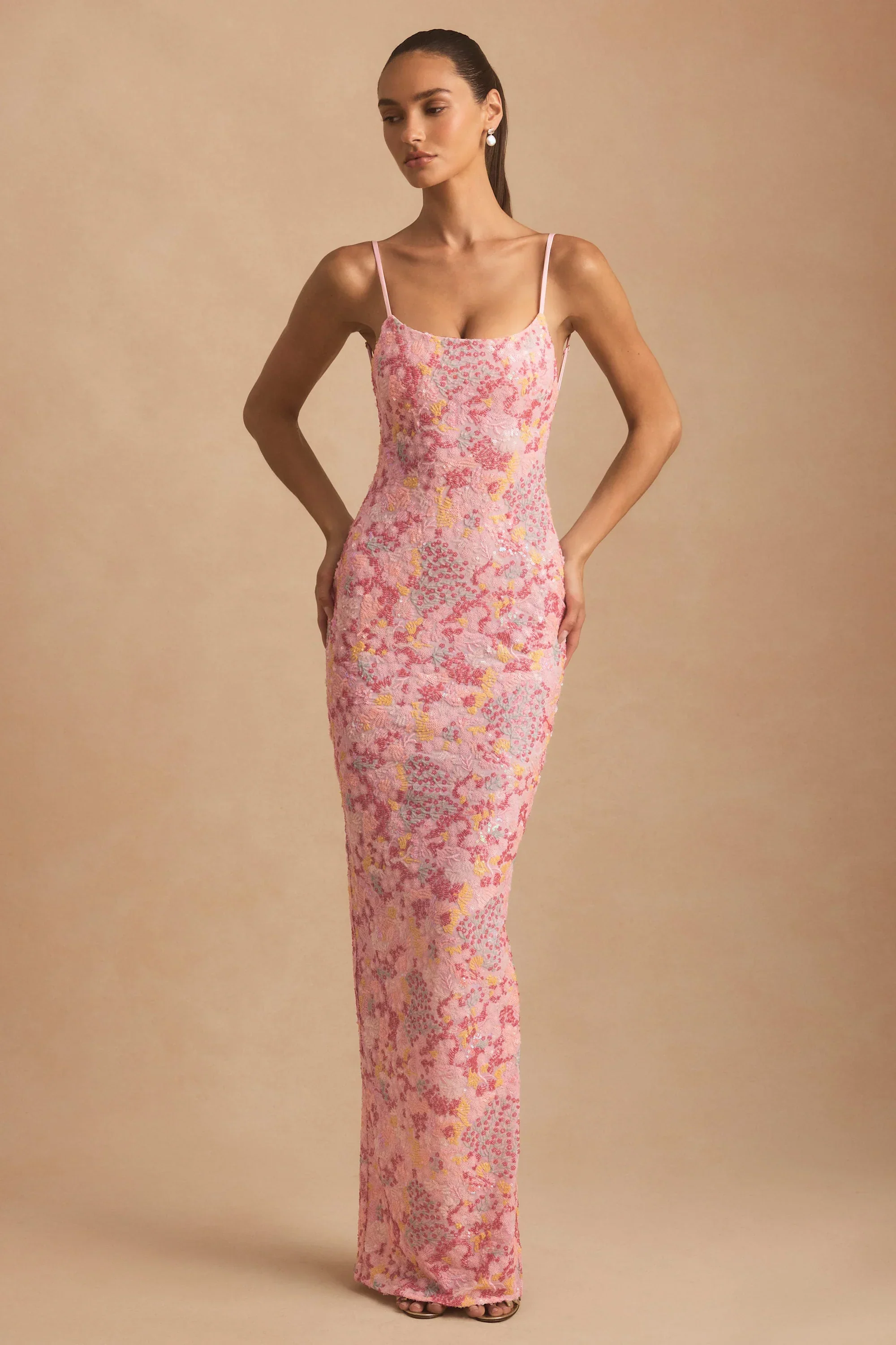 Embellished Scoop-Neck Backless Maxi Dress in Pink
