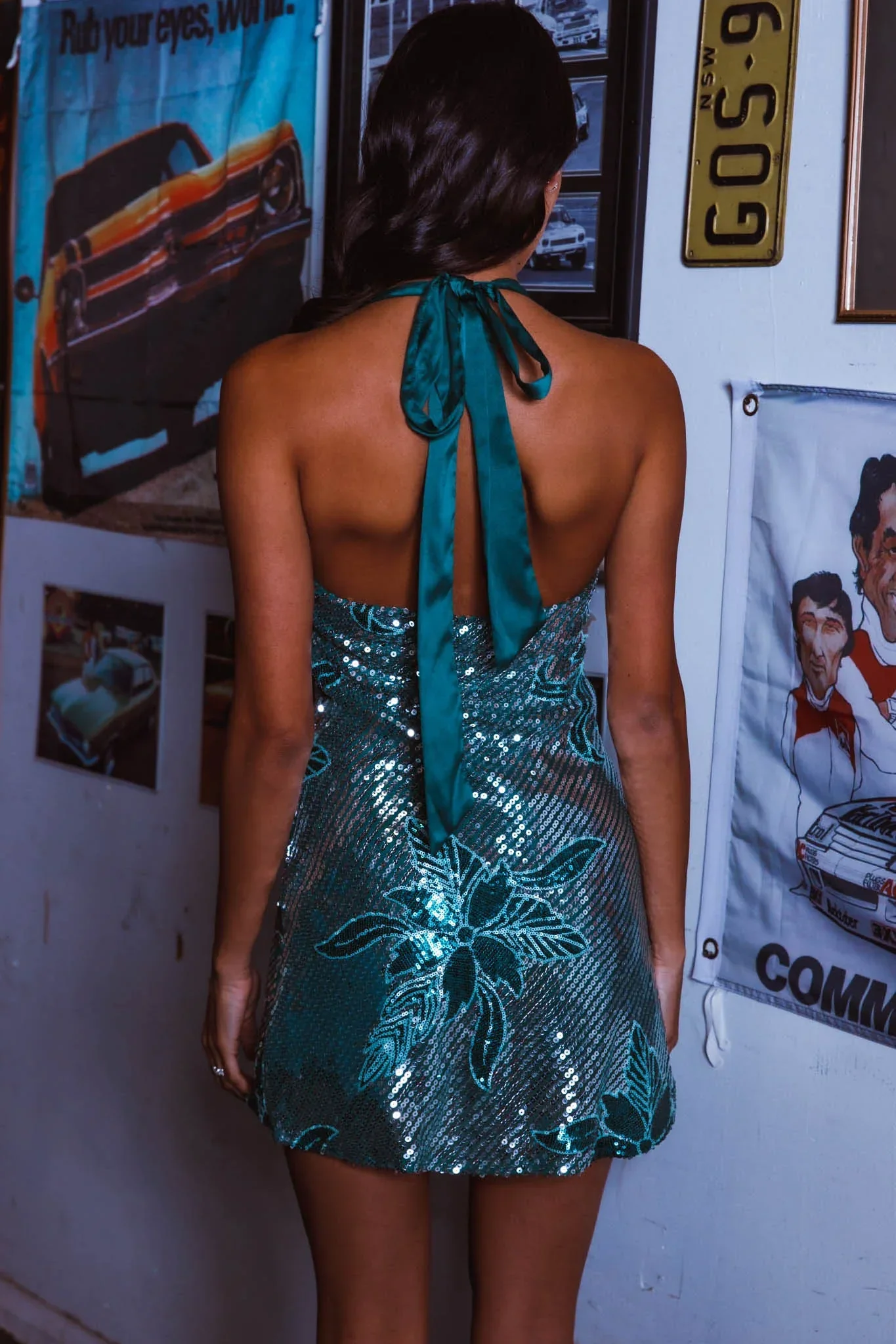 Champagne Showers Halterneck Slip Mini Dress Sequin Flowers Green