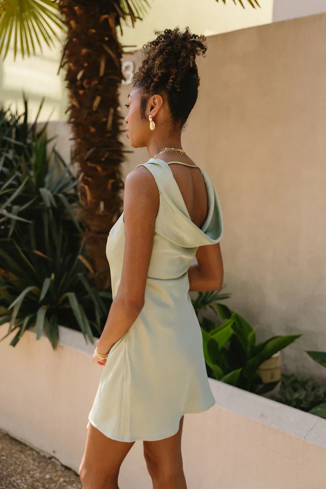 Ella Sage Green Satin Cowl Mini Dress