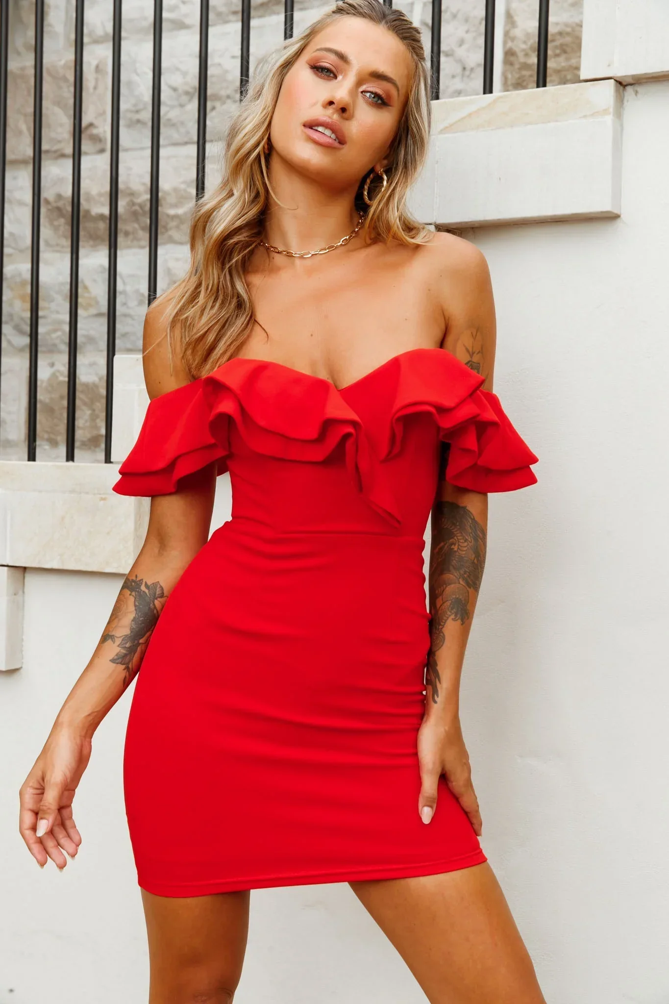 Rossi Off-Shoulder Double Ruffle Dress Red