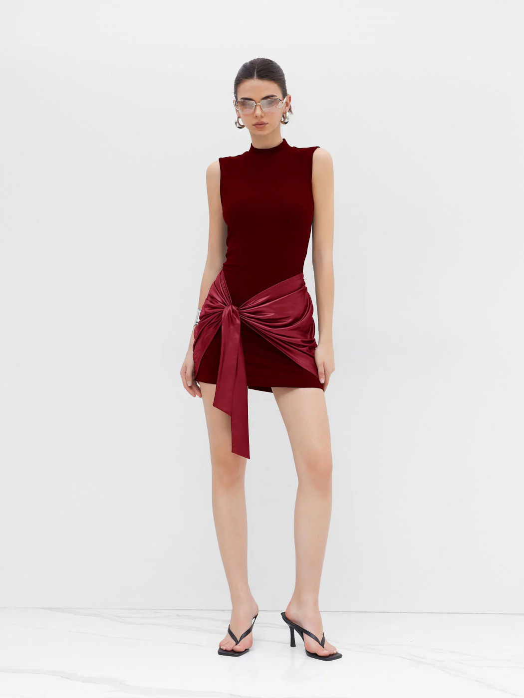 High Neck Ruched Knotted Mini Dress