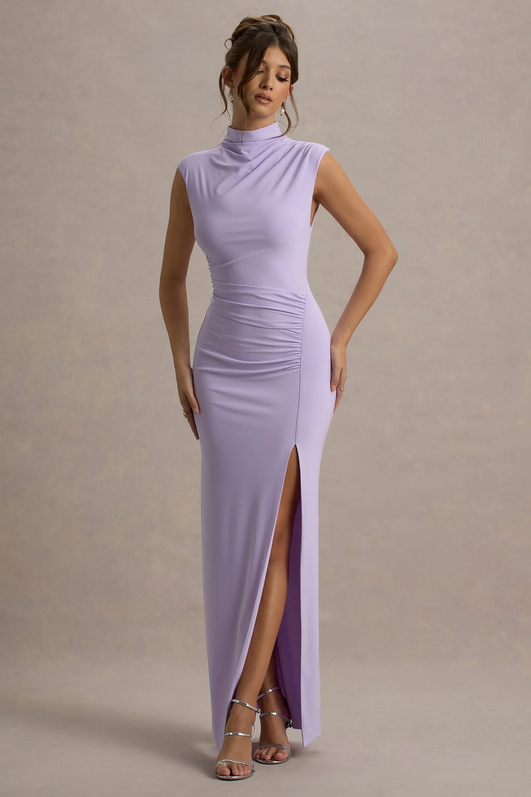Lanetta | Lilac Ruched High-Neck Maxi Dress With Split