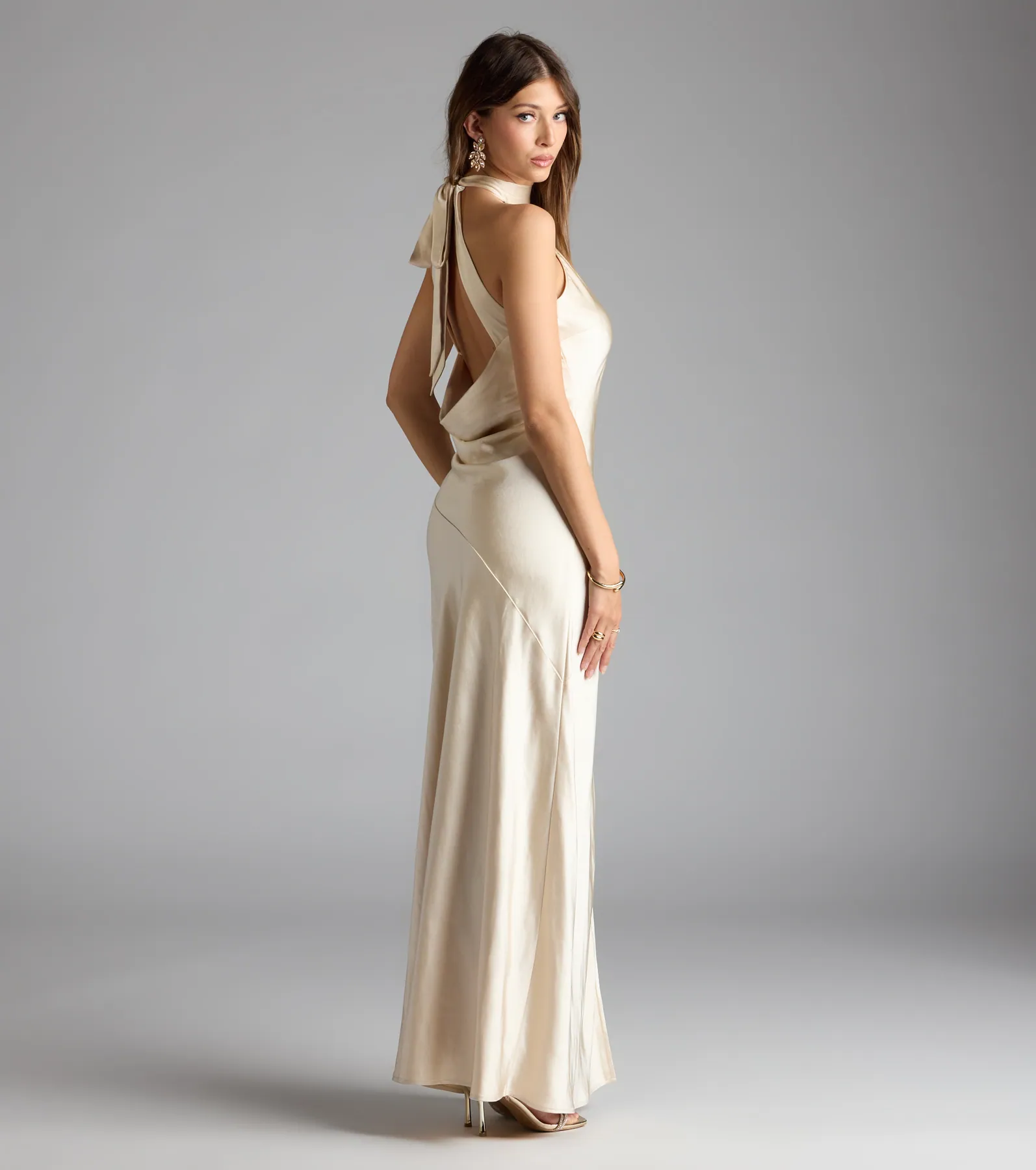 Andie Halter Open Back Slit Satin Formal Dress