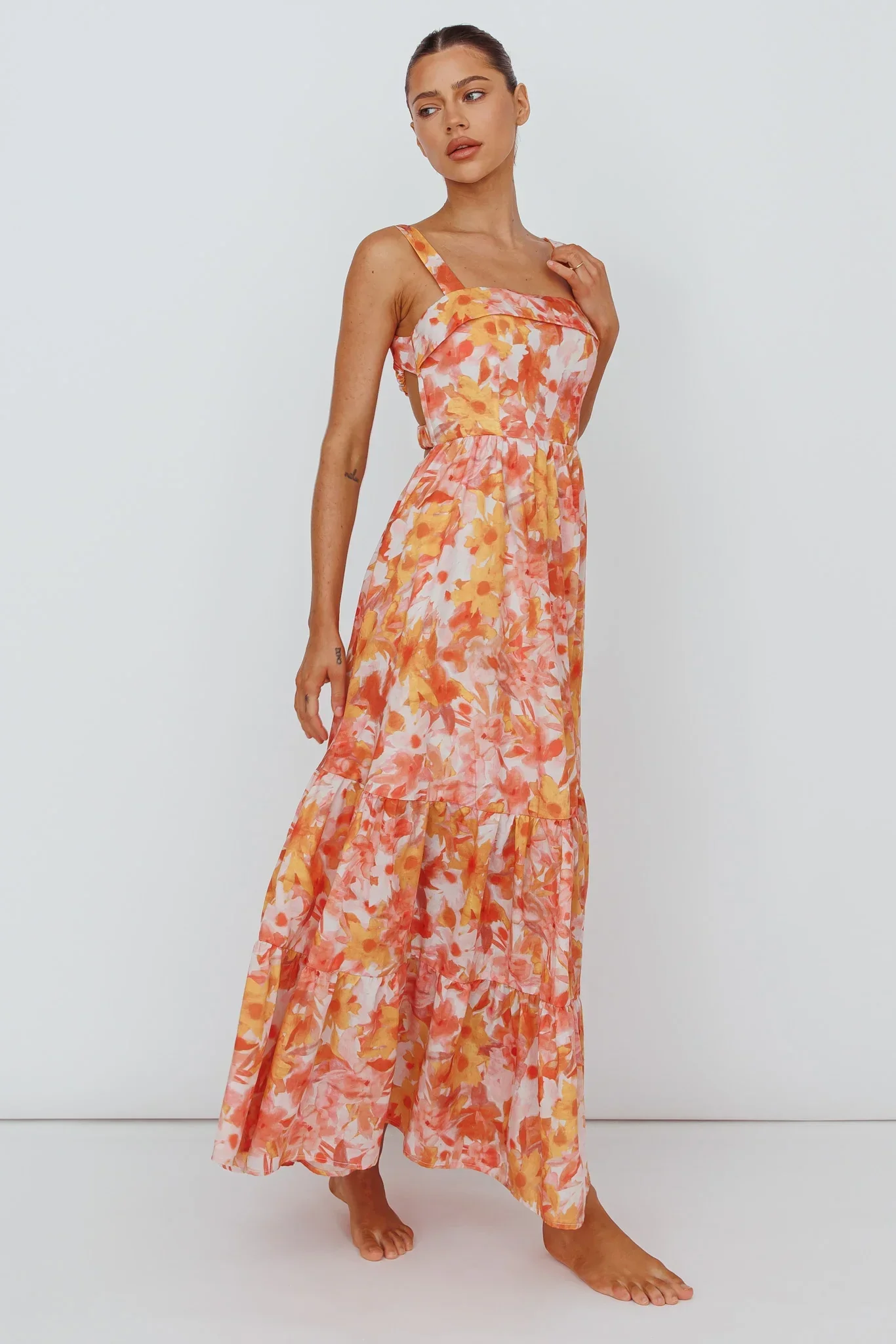 Lisseth Foldover Neckline Midi Dress Floral Red