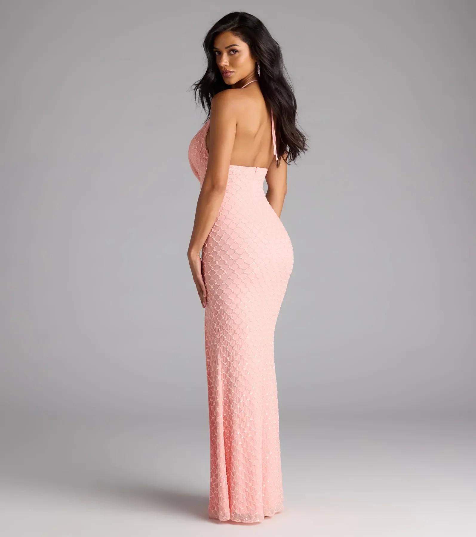 Alana Halter Beaded Sequin Formal Dress