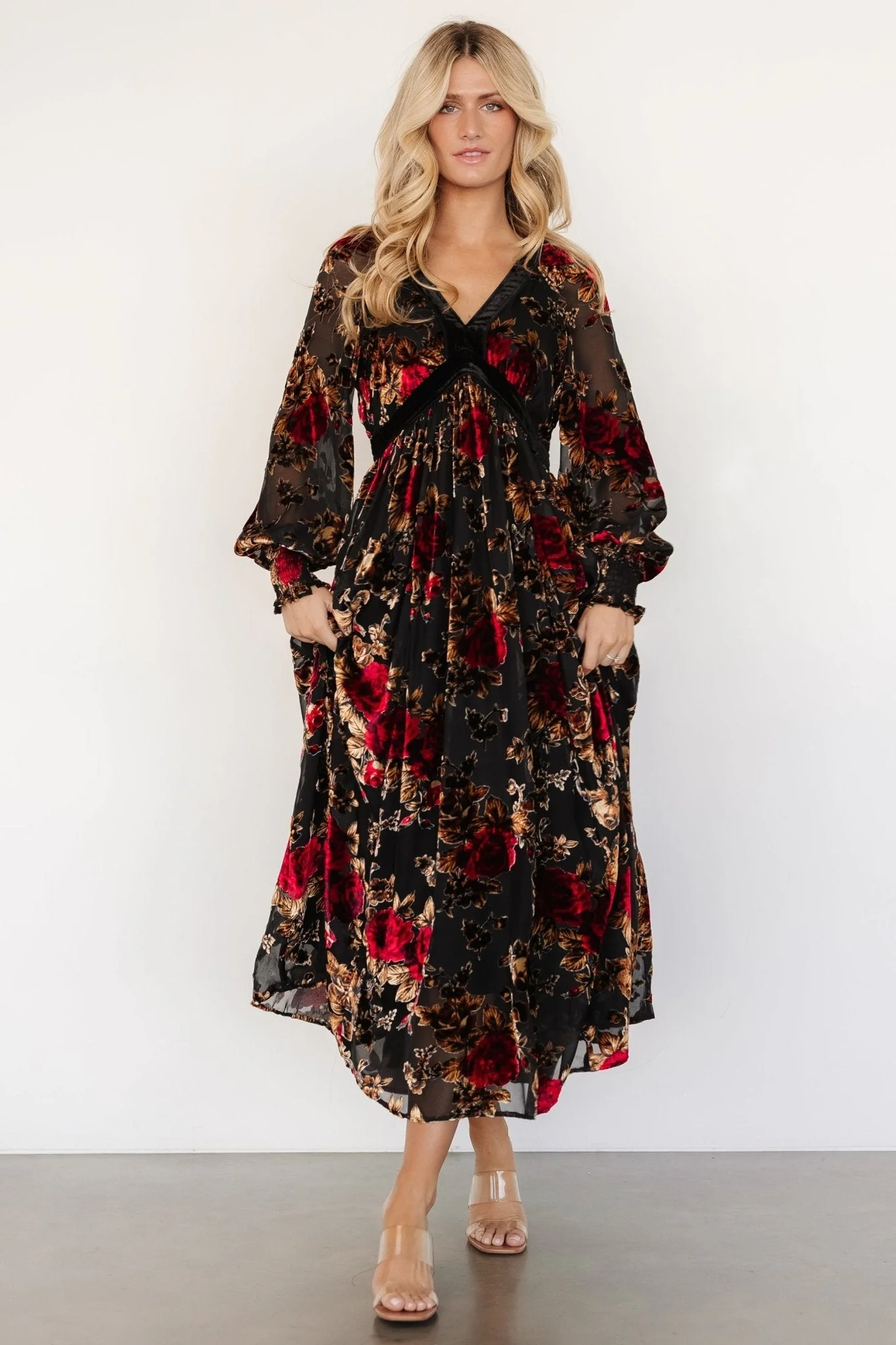 Adele Velvet Dress | Black + Rose Floral