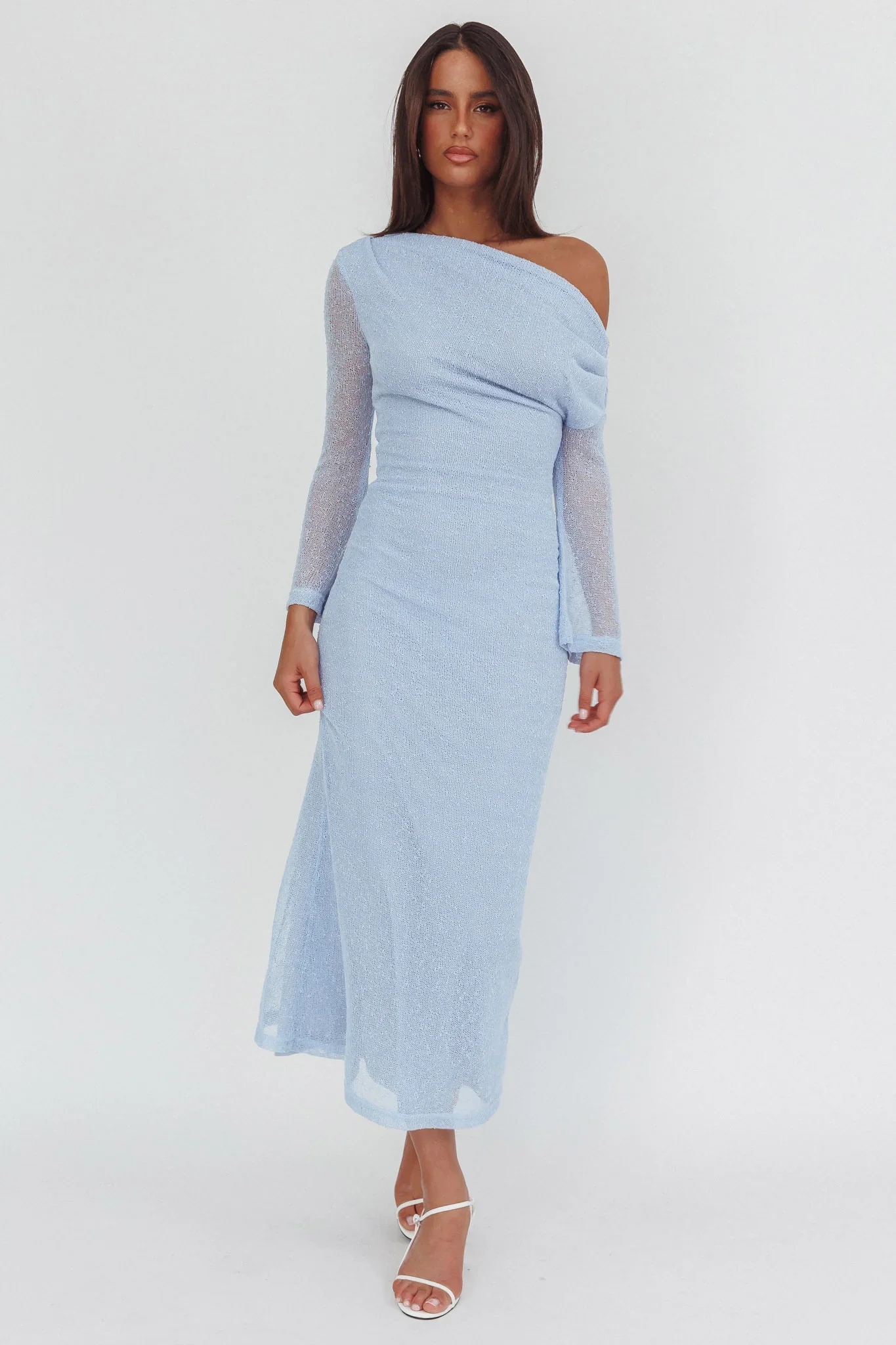 Alivya Asymmetric Neckline Knit Maxi Dress Blue