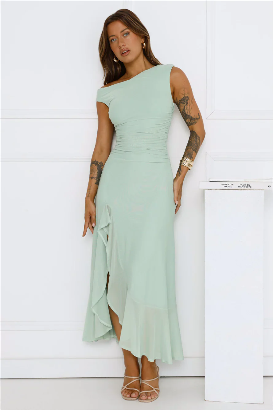 Effortless Girl Off Shoulder Mesh Midi Dress