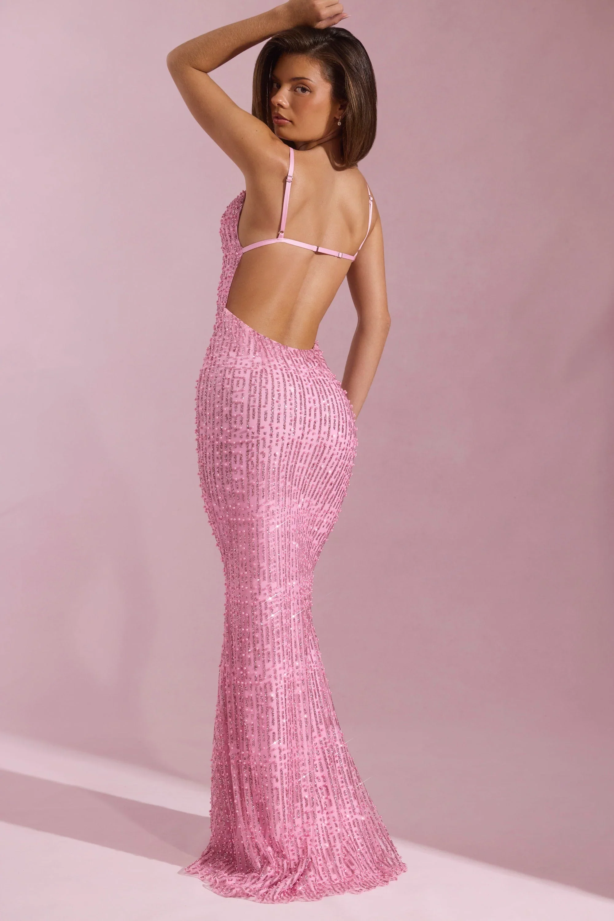 Embellished Cowl-Neck Backless Maxi Dress in Pink