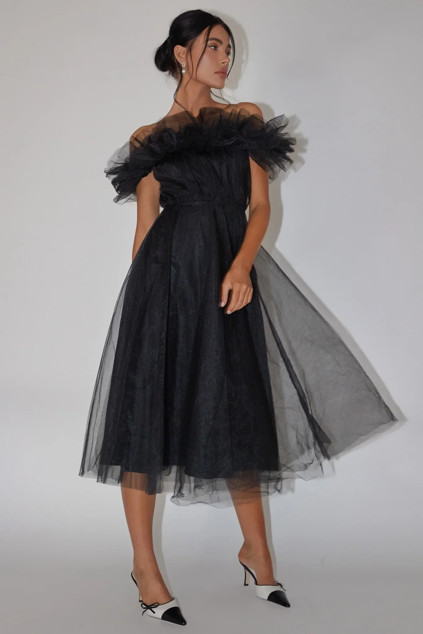 May Rose Off-Shoulder Tulle Midi Dress Black