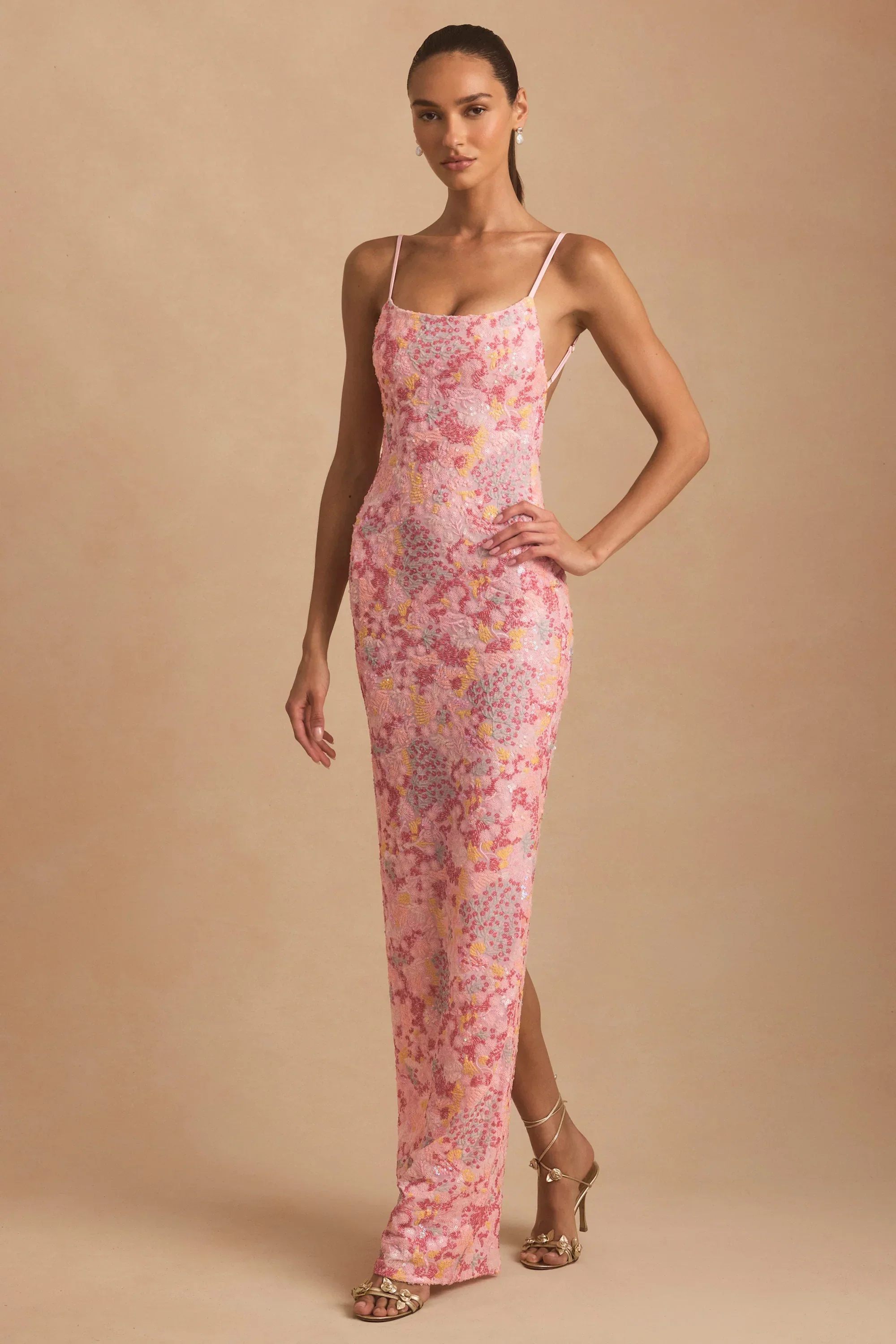 Embellished Scoop-Neck Backless Maxi Dress in Pink
